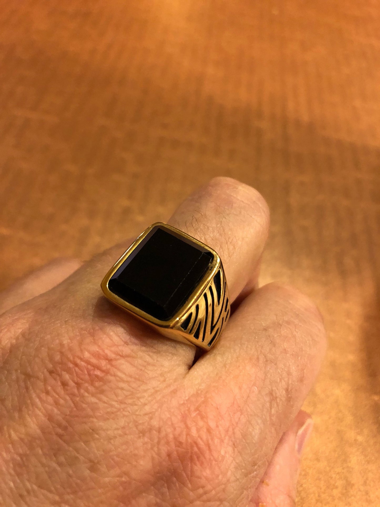 Vintage Gothic Gold Finished Stainless Steel Black Onyx Mens Ring