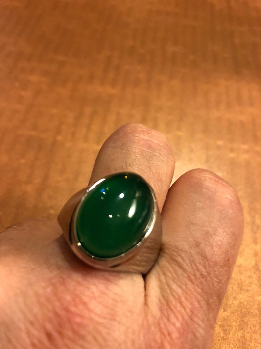 Vintage Gothic Silver Stainless Steel Genuine Green Onyx Mens Ring