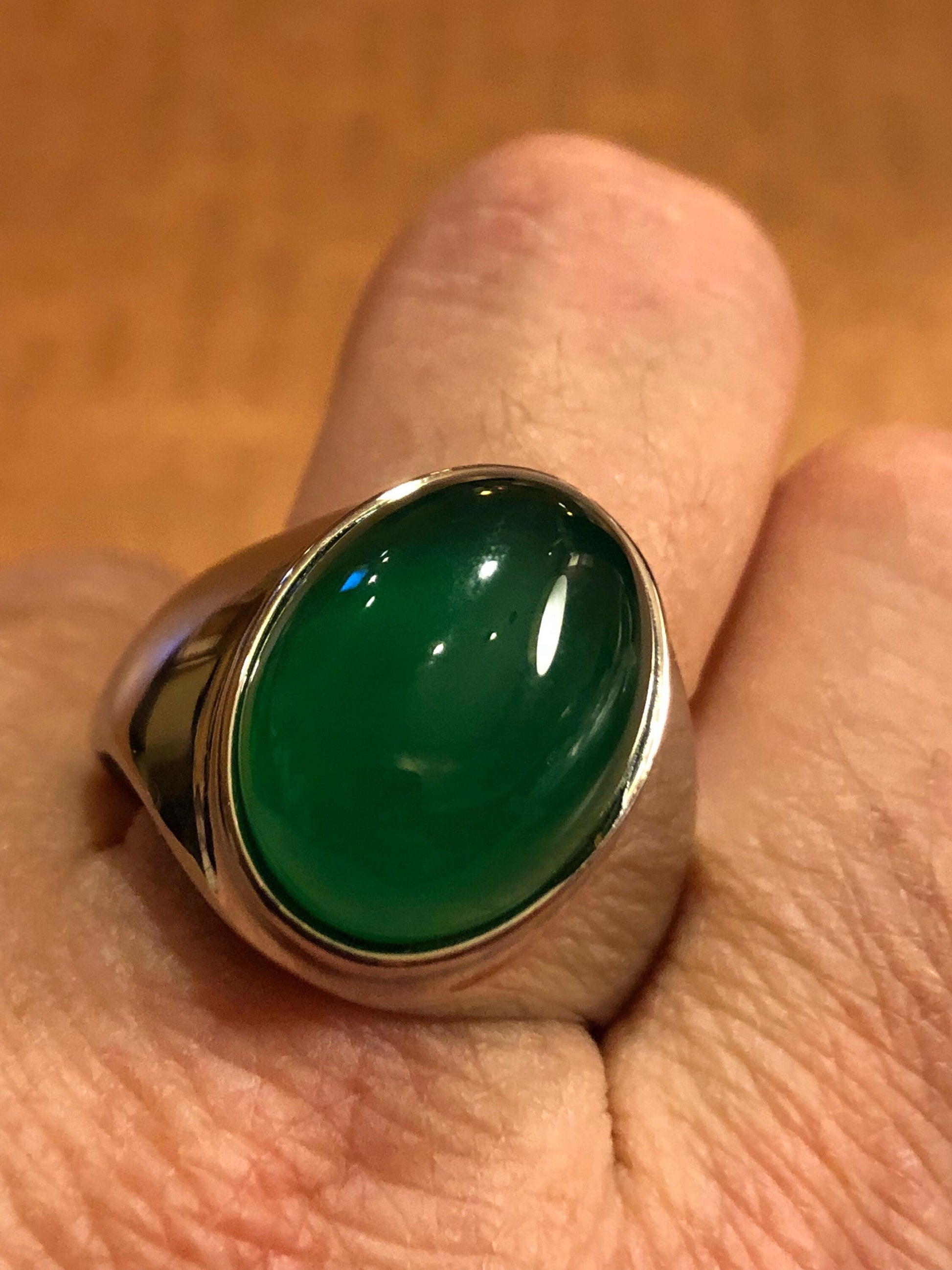 Vintage Gothic Silver Stainless Steel Genuine Green Onyx Mens Ring