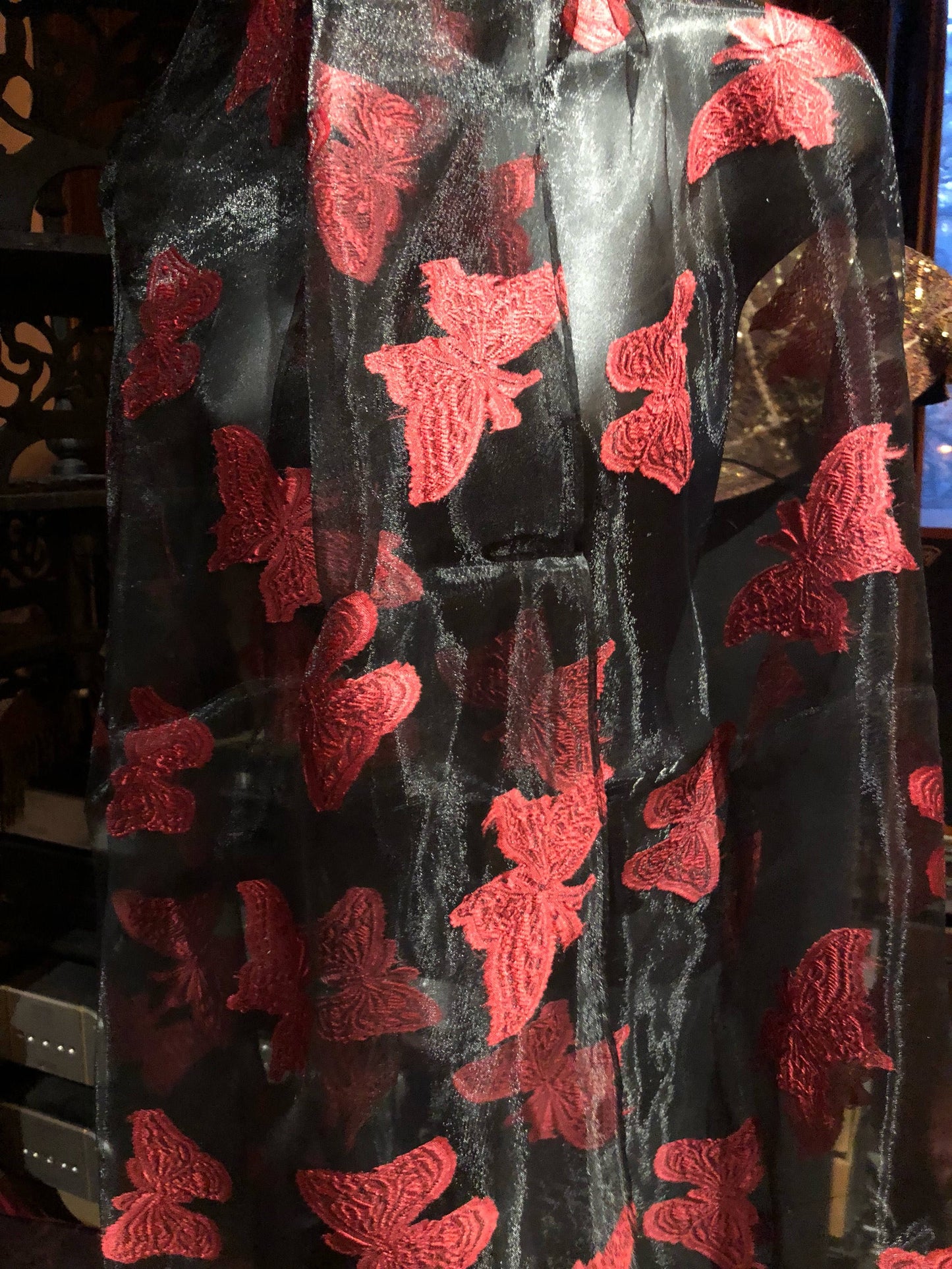 Vintage Styled Sheer Black and Red Wrap Shawl