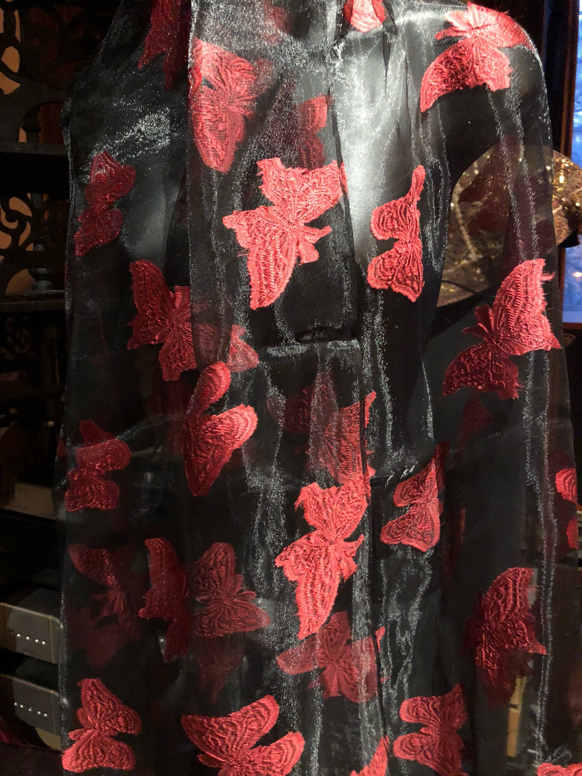 Vintage Styled Sheer Black and Red Wrap Shawl