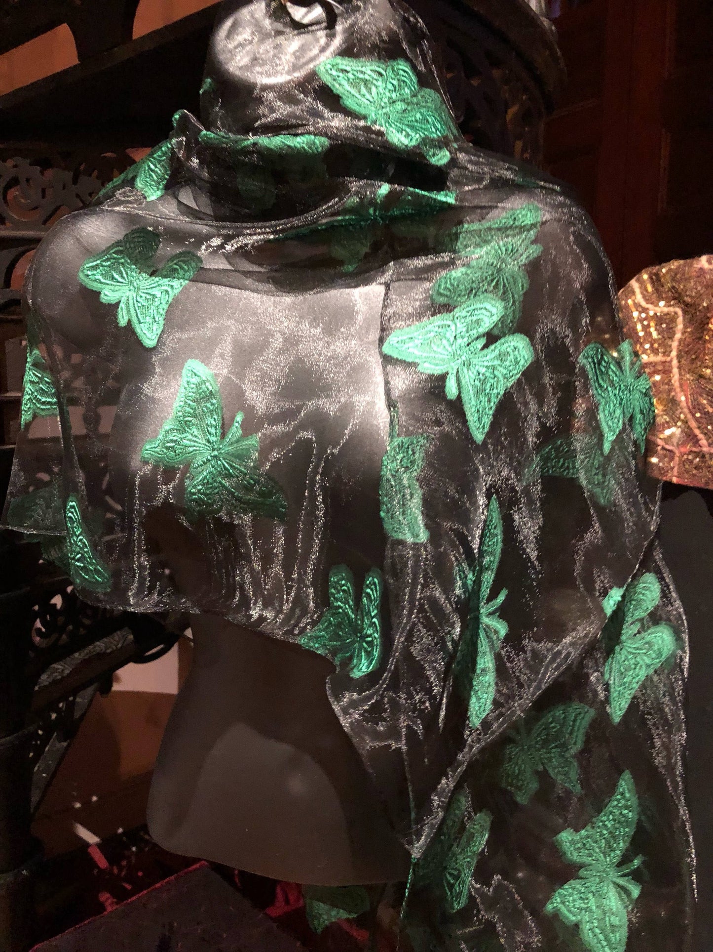 Vintage Styled Sheer Black and Green Wrap Shawl