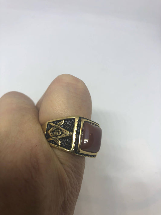 Vintage Gothic Gold Finished Genuine Red Carnelian Free Mason Mens Ring