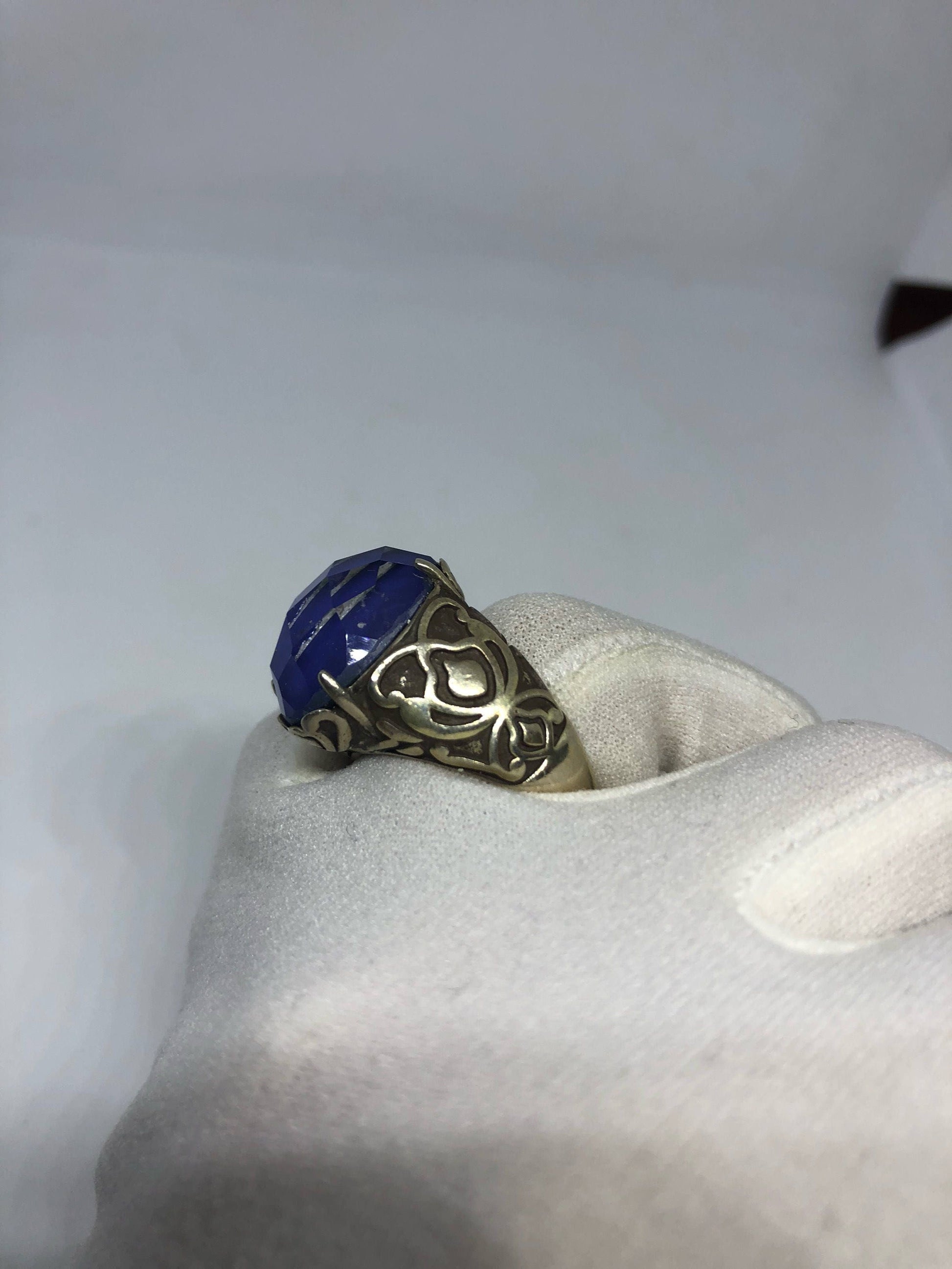 Vintage Handmade Deep Blue antique Glass Matte Setting 925 Sterling Silver Gothic Ring