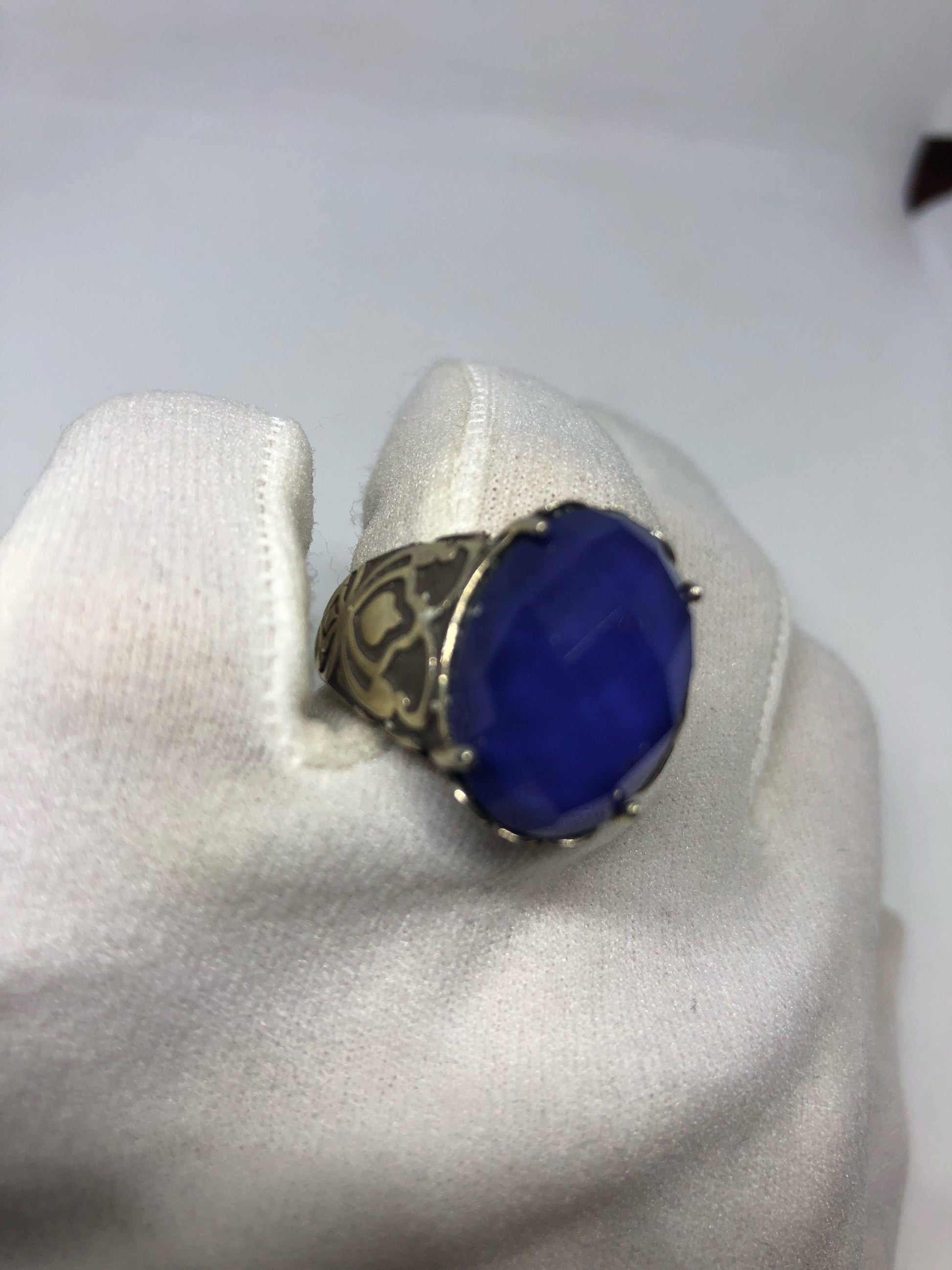 Vintage Handmade Deep Blue antique Glass Matte Setting 925 Sterling Silver Gothic Ring