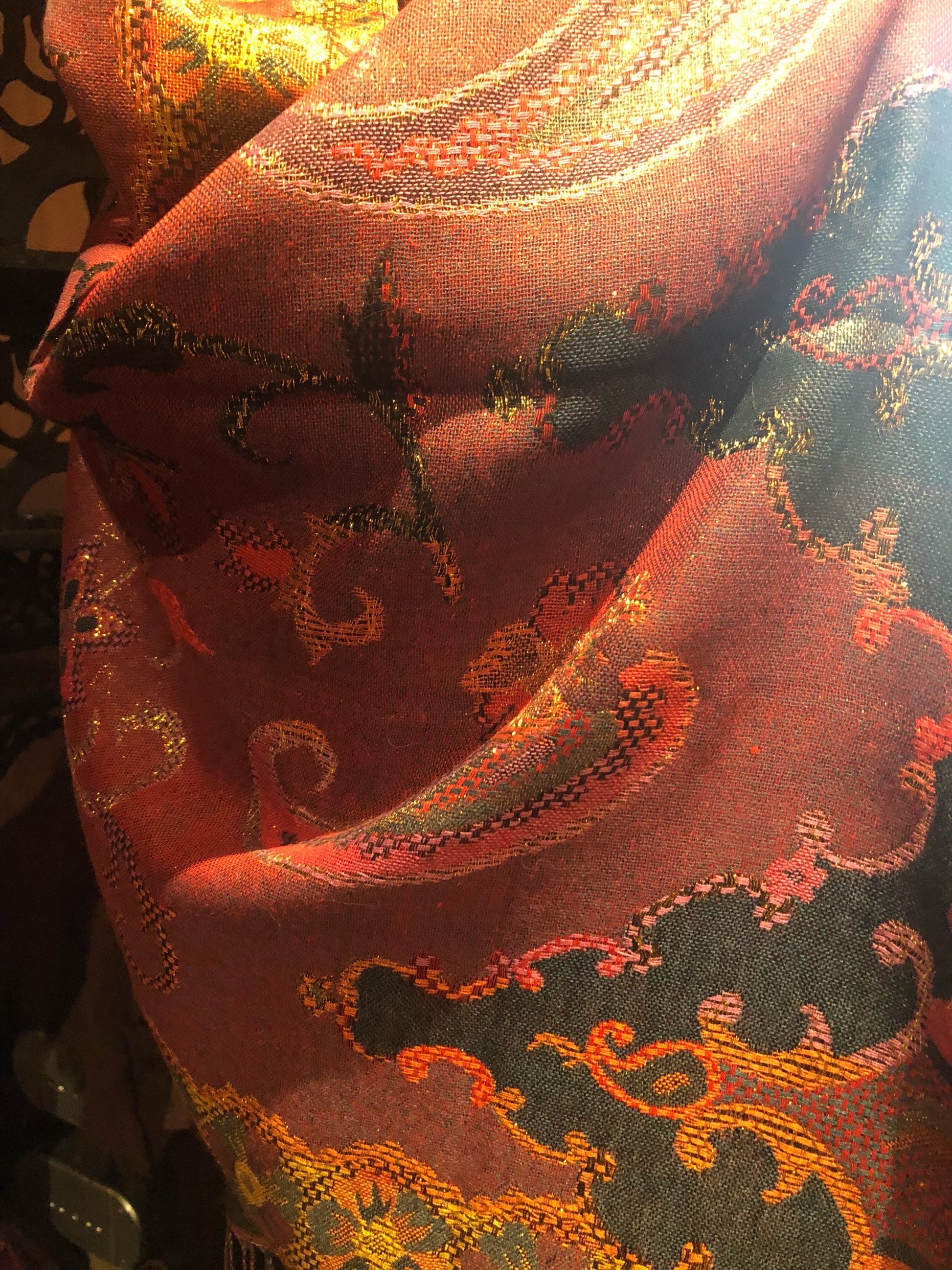 Golden Vintage Navy Blue Red Purple Gold Metallic Paisley Brocade Pashmina Scarf Wrap