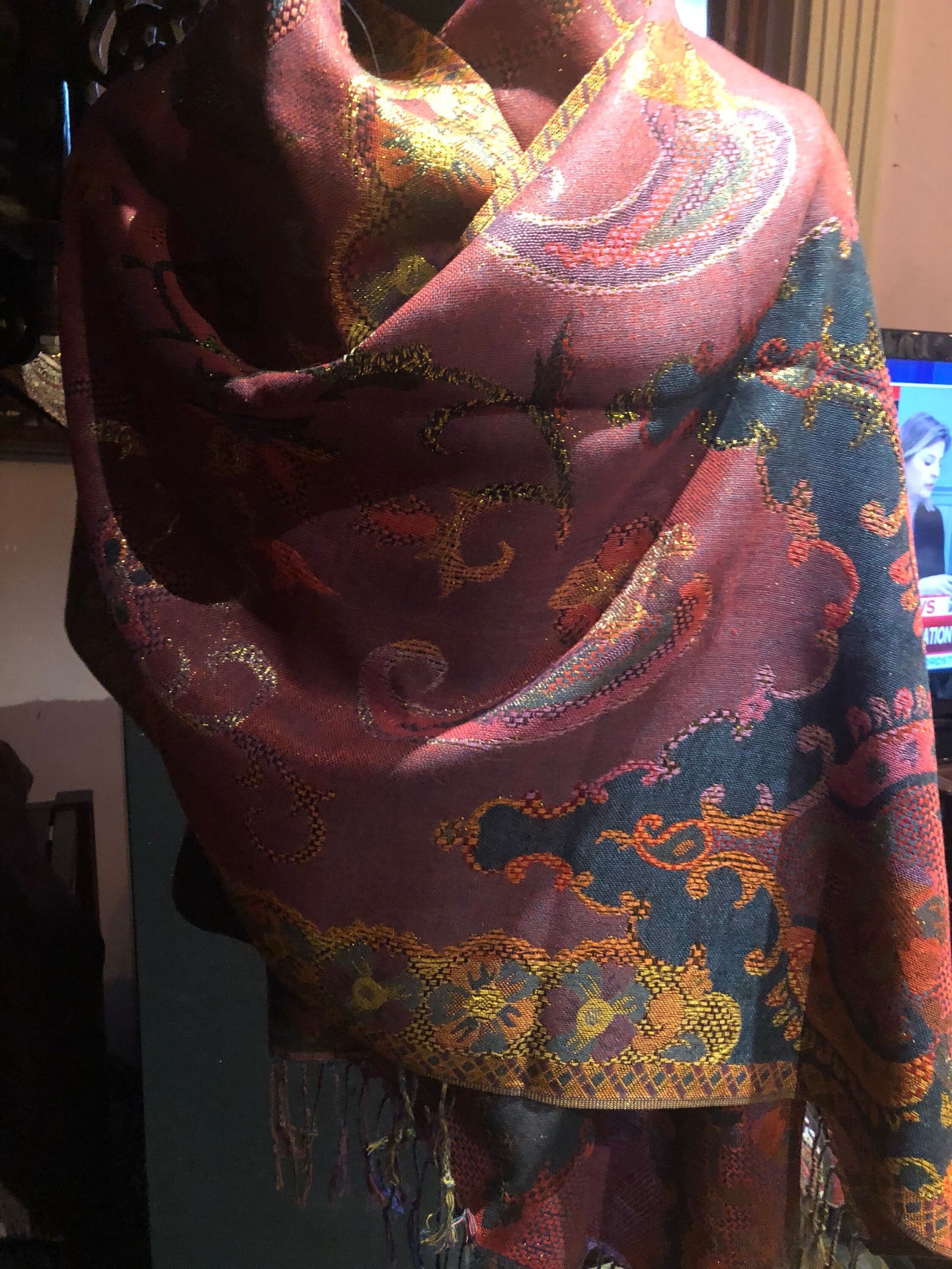 Golden Vintage Navy Blue Red Purple Gold Metallic Paisley Brocade Pashmina Scarf Wrap