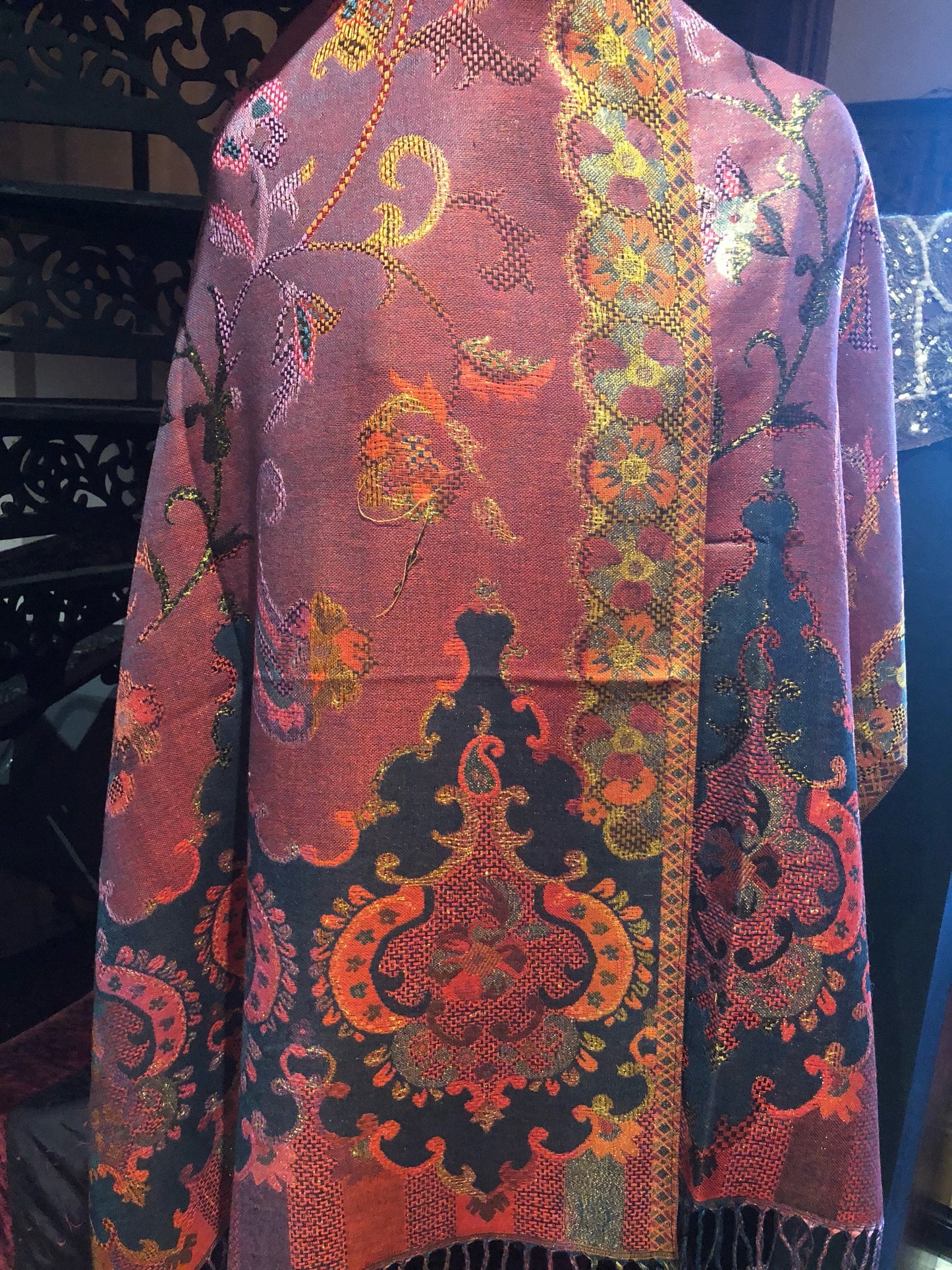 Golden Vintage Navy Blue Red Purple Gold Metallic Paisley Brocade Pashmina Scarf Wrap