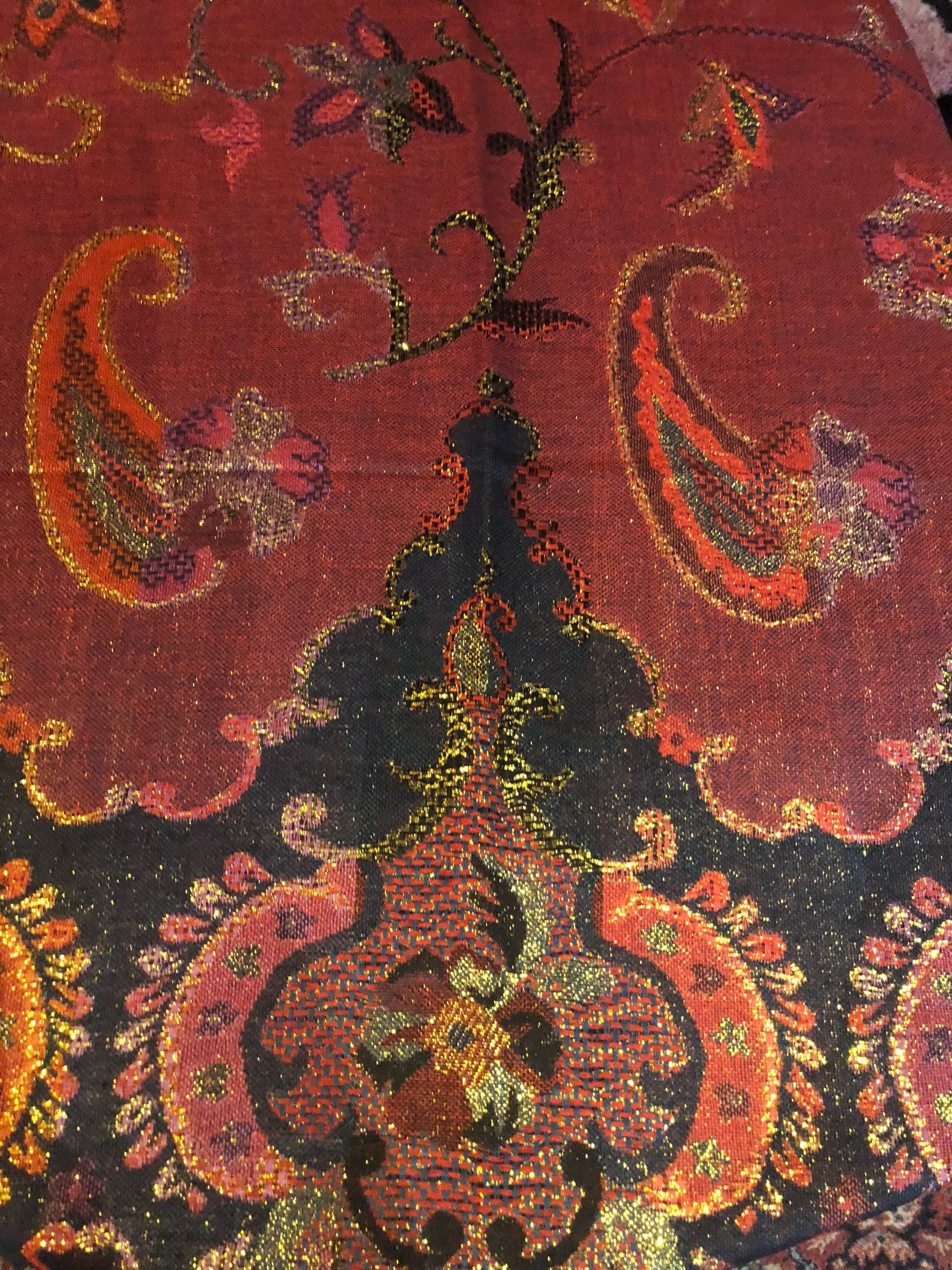 Golden Vintage Navy Blue Red Purple Gold Metallic Paisley Brocade Pashmina Scarf Wrap