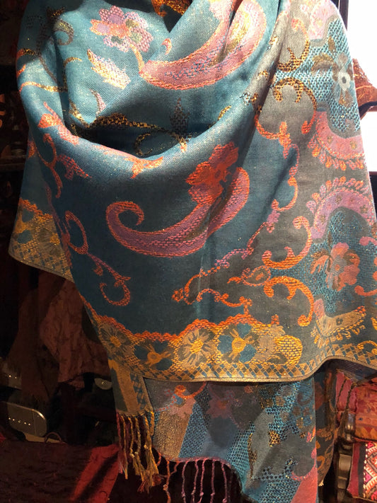 Golden Vintage Blue Metallic Paisley Brocade Pashmina Scarf Wrap