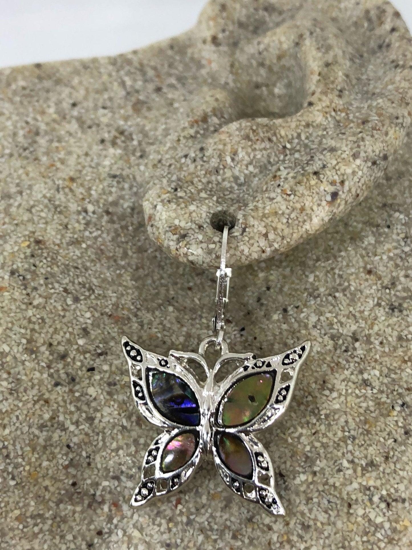 Vintage Handmade Silver Butterfly Rainbow Abalone Earrings
