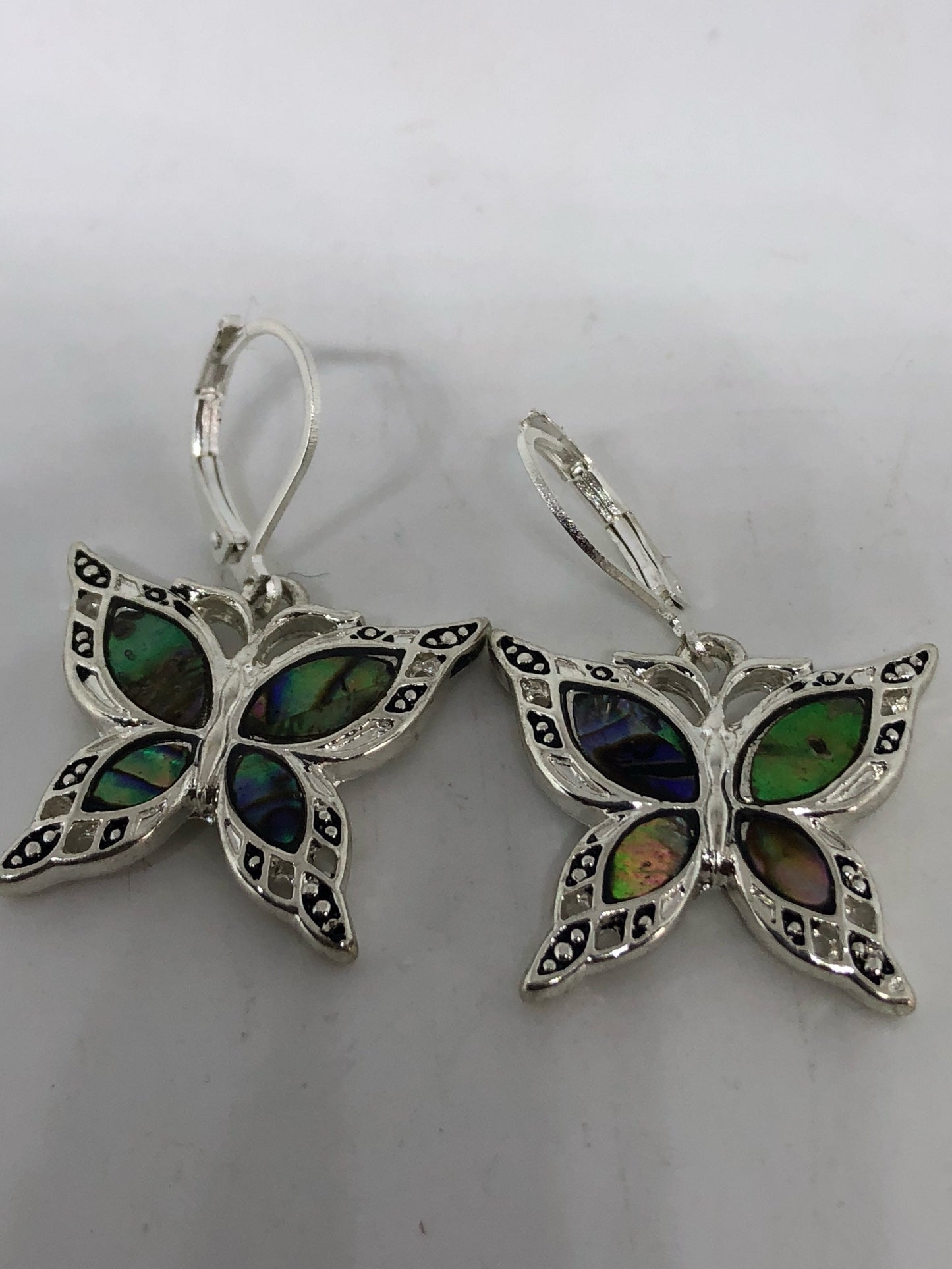 Vintage Handmade Silver Butterfly Rainbow Abalone Earrings