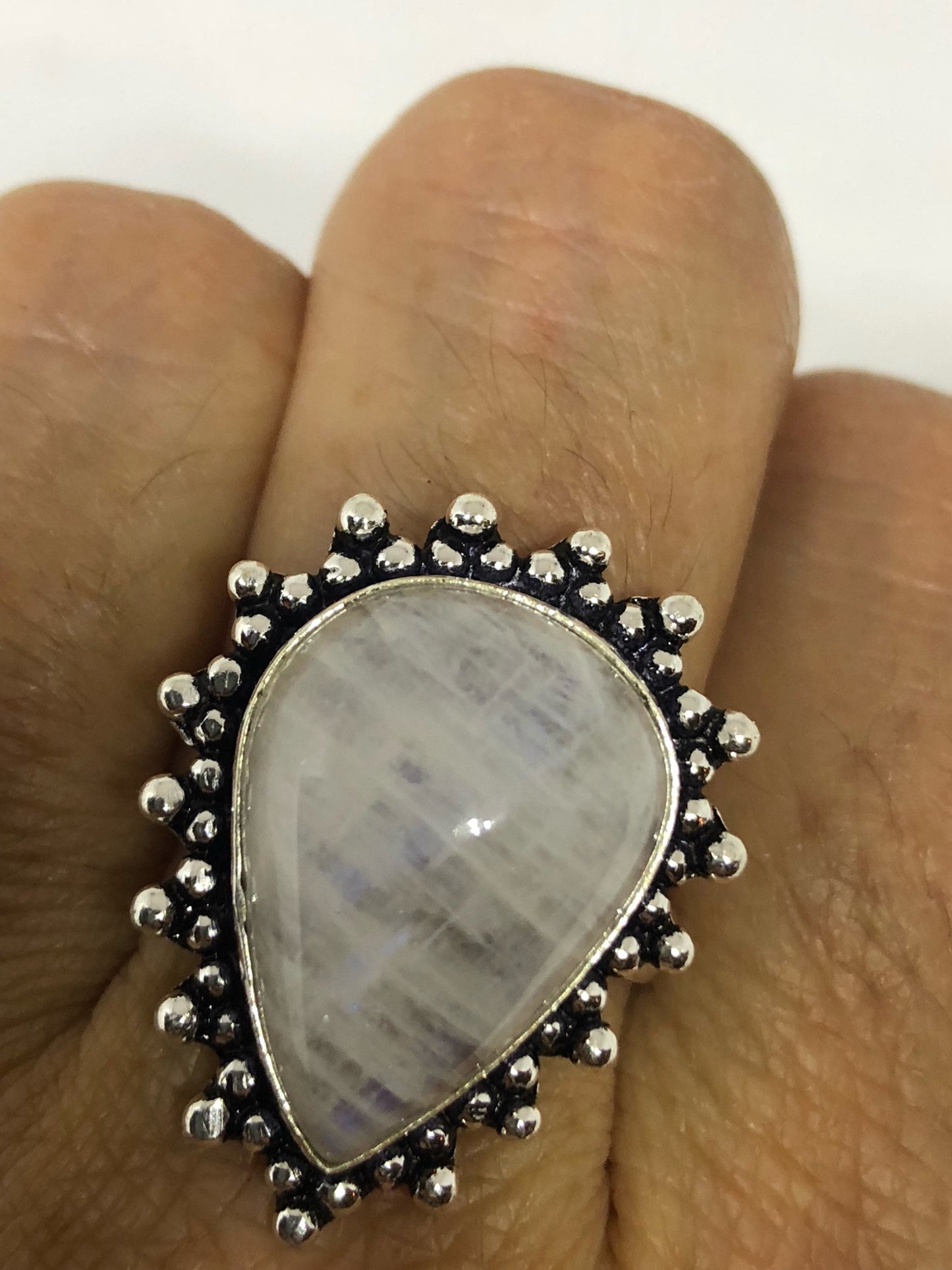 Vintage Genuine Blue White Rainbow Moonstone Ring