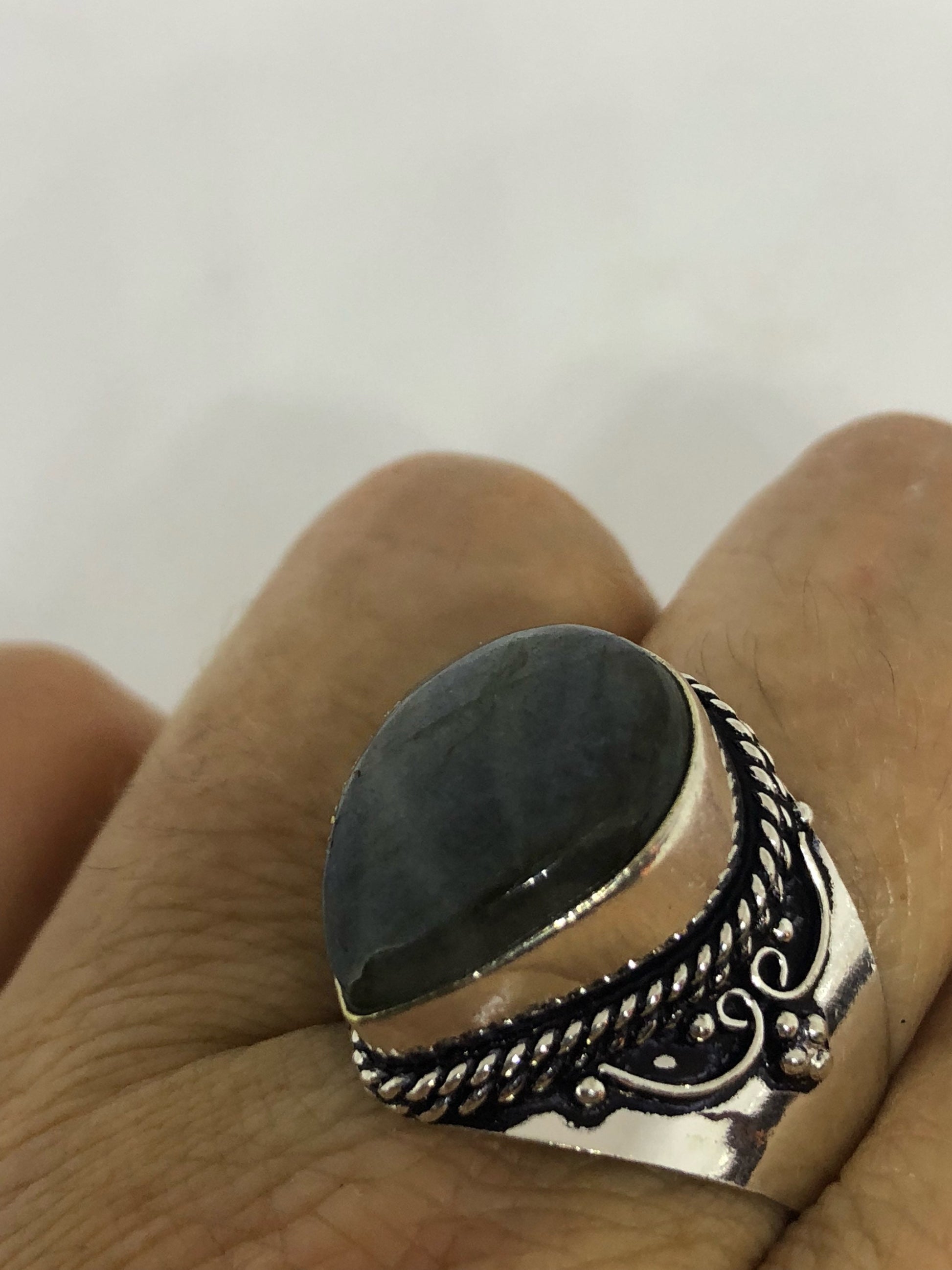 Vintage Large Blue Green Labradorite Stone Silver Ring