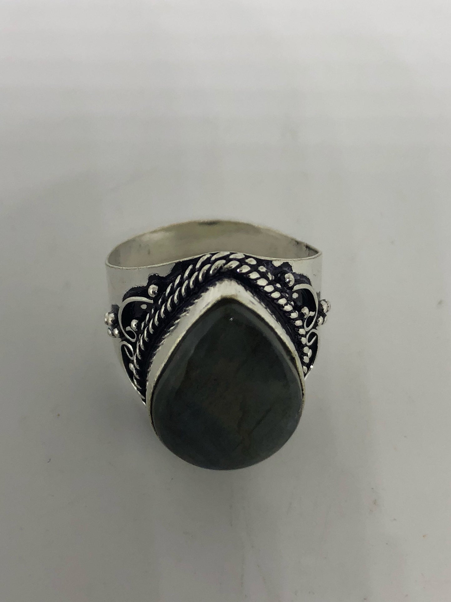 Vintage Large Blue Green Labradorite Stone Silver Ring