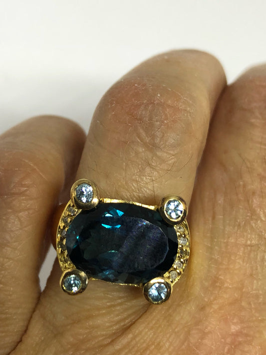 Vintage Genuine London Blue Topaz Golden 925 Sterling Silver Ring