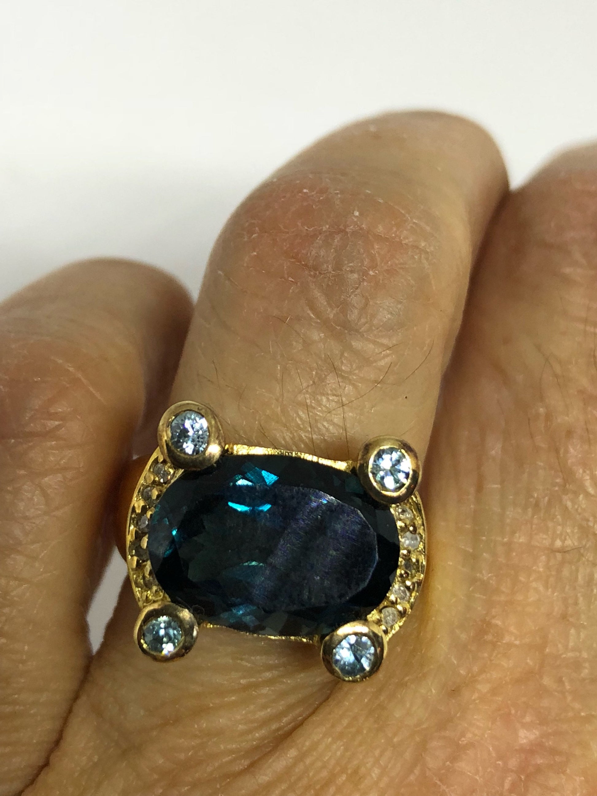 Vintage Genuine London Blue Topaz Golden 925 Sterling Silver Ring size 5