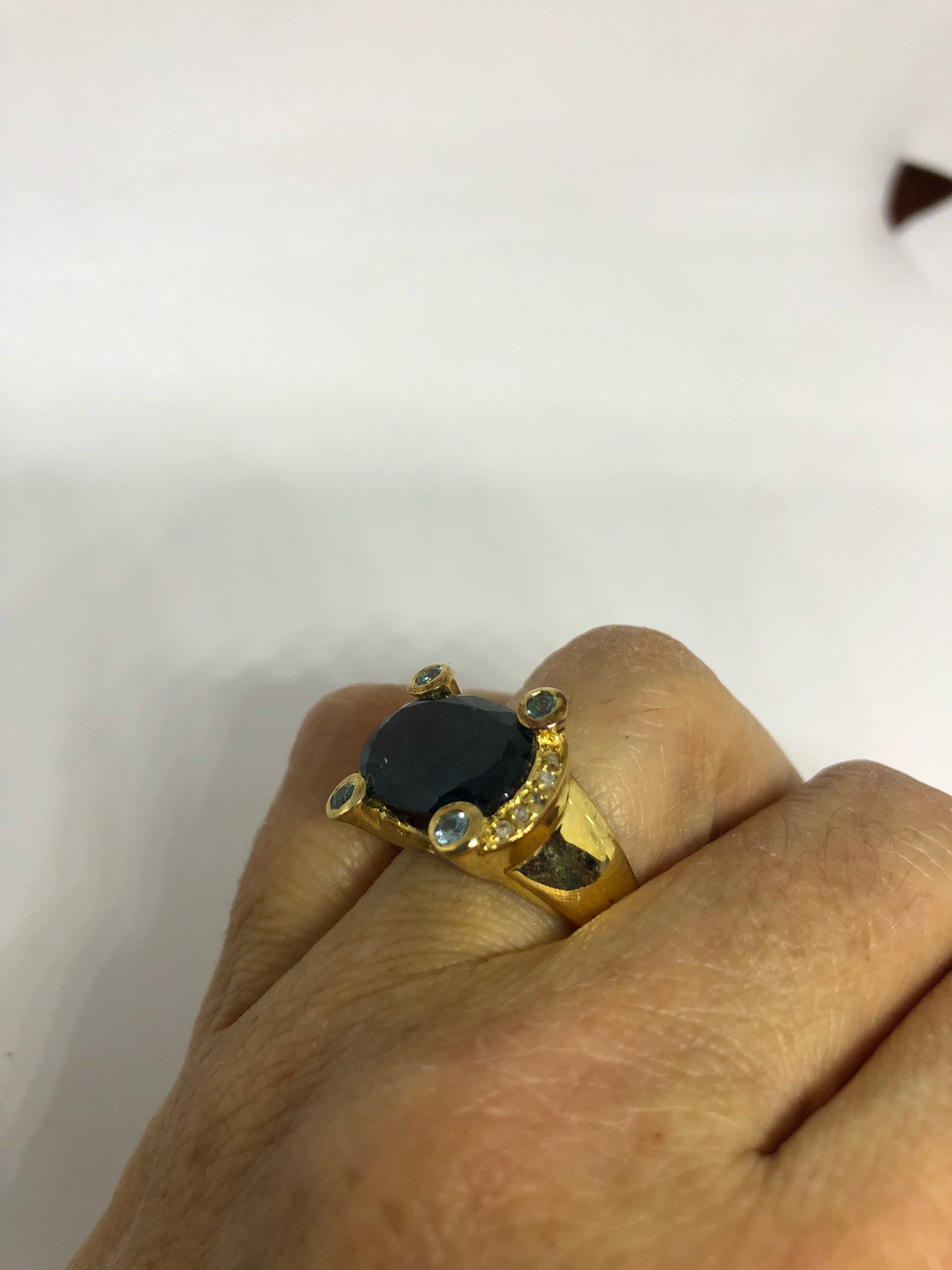 Vintage Genuine London Blue Topaz Golden 925 Sterling Silver Ring size 5