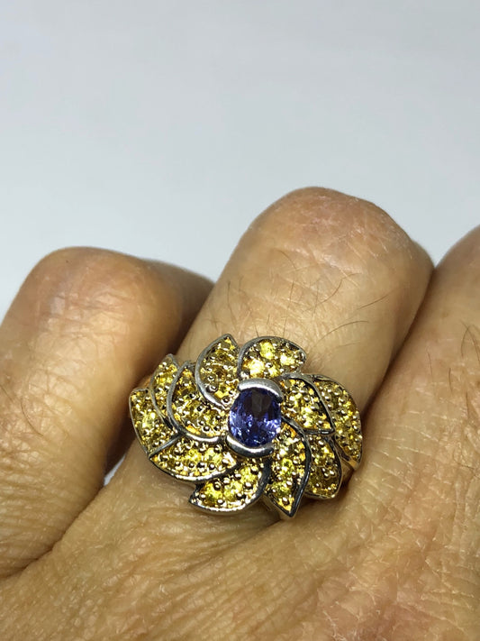 Vintage Handmade Deep Blue Iolite and Citrine Setting 925 Sterling Silver Gothic Ring