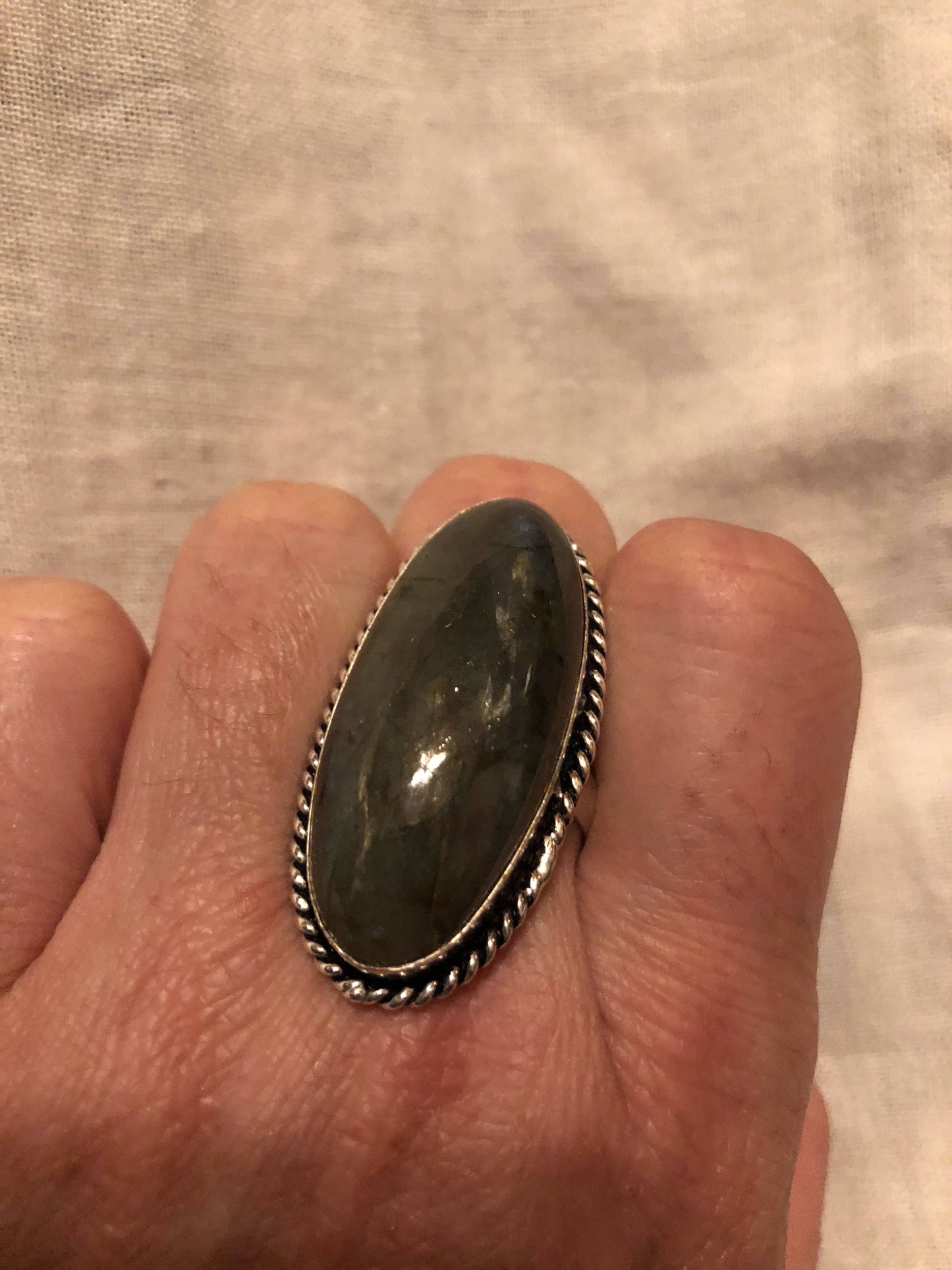 Vintage Large Blue Green Labradorite Stone Silver Ring