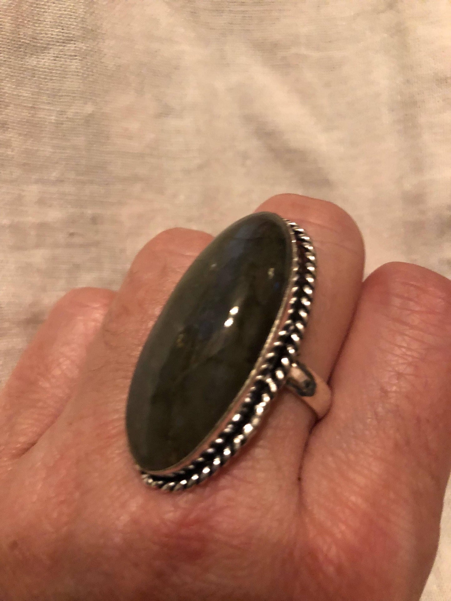 Vintage Large Blue Green Labradorite Stone Silver Ring