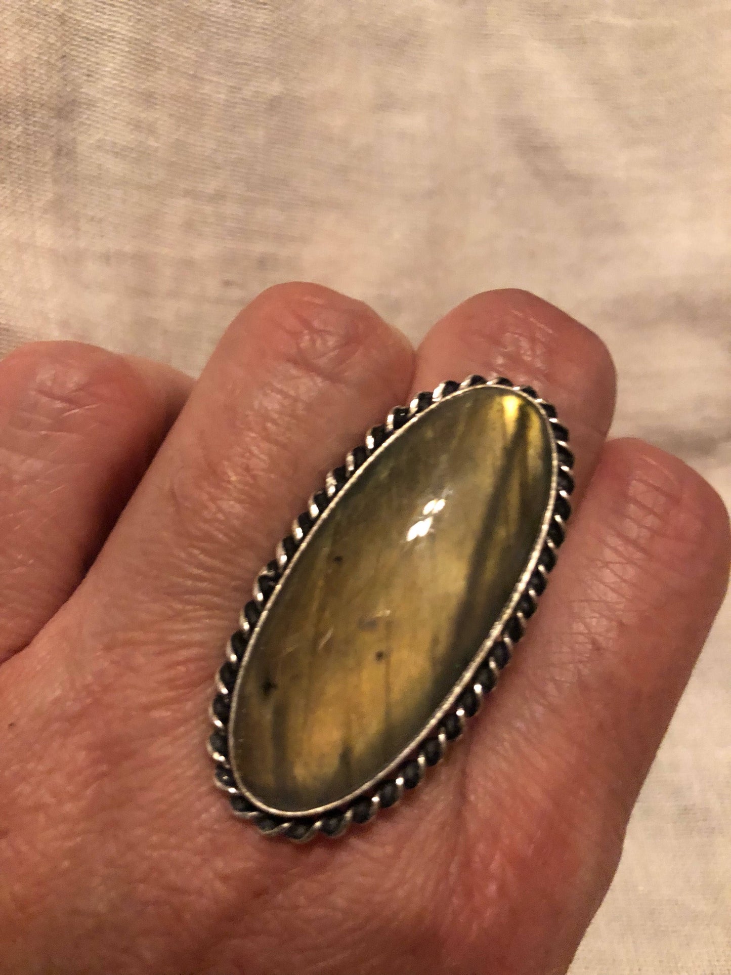 Vintage Large Blue Green Labradorite Stone Silver Ring