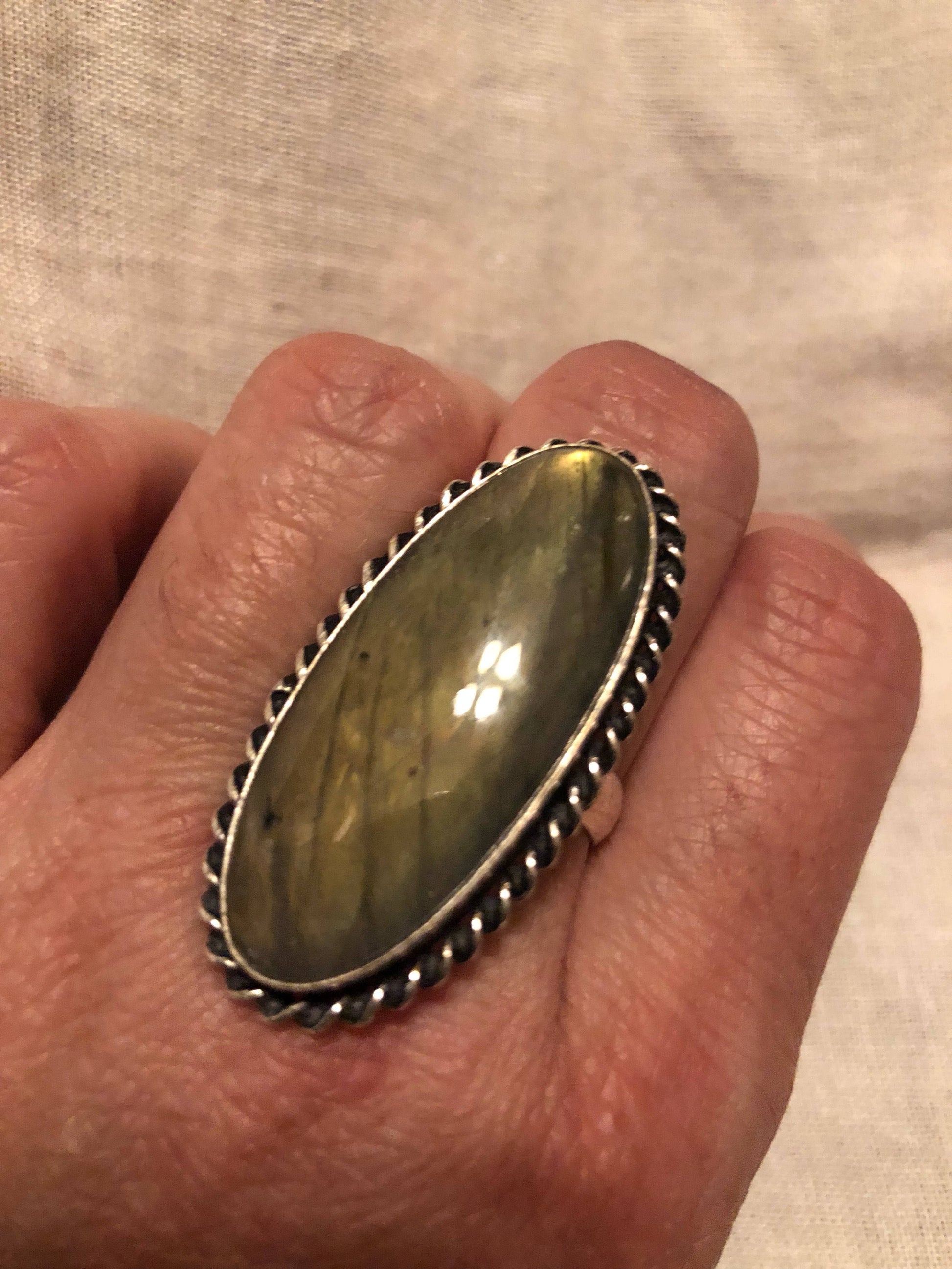 Vintage Large Blue Green Labradorite Stone Silver Ring