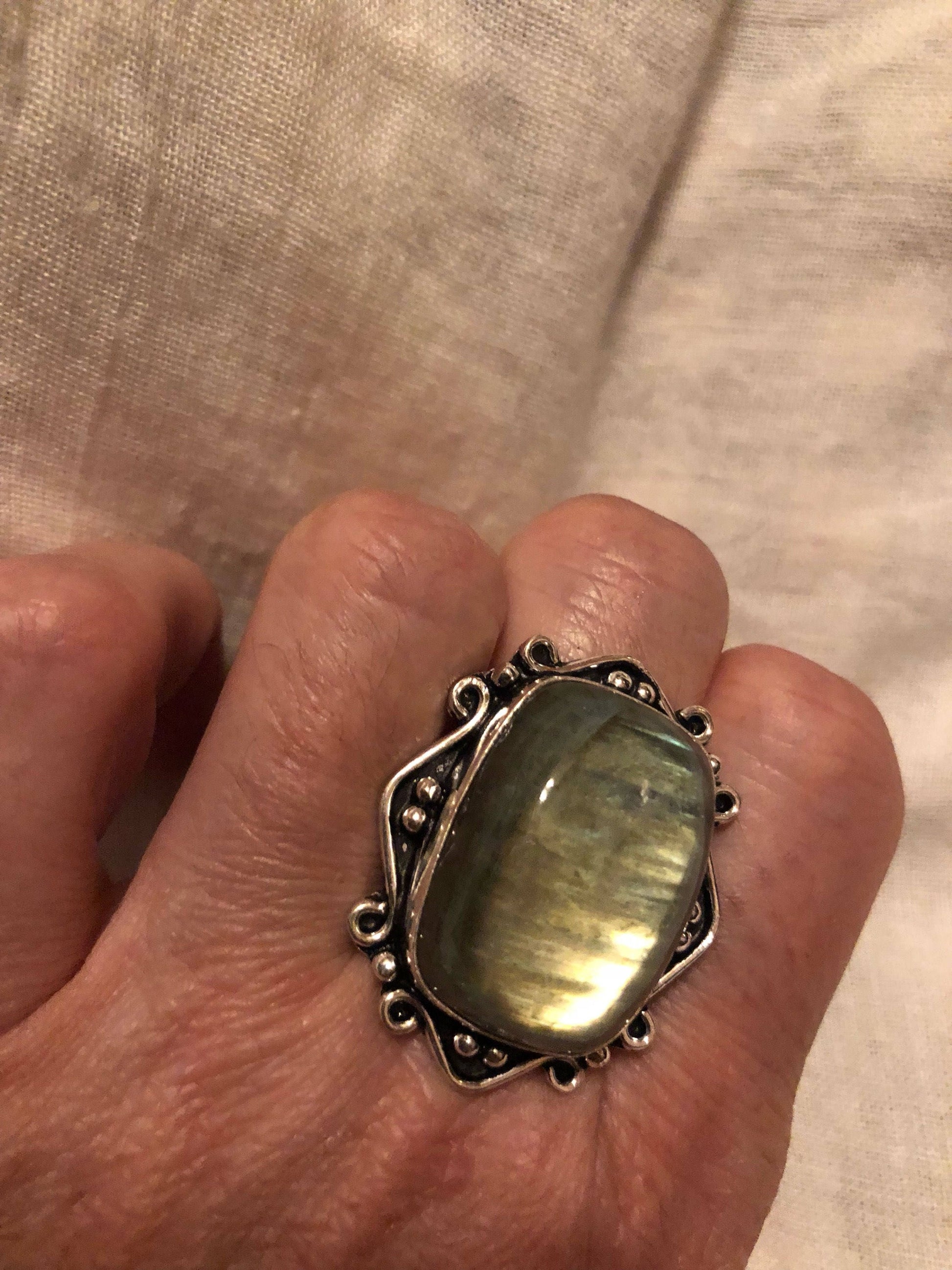 Vintage Large Blue Green Labradorite Stone Silver Ring