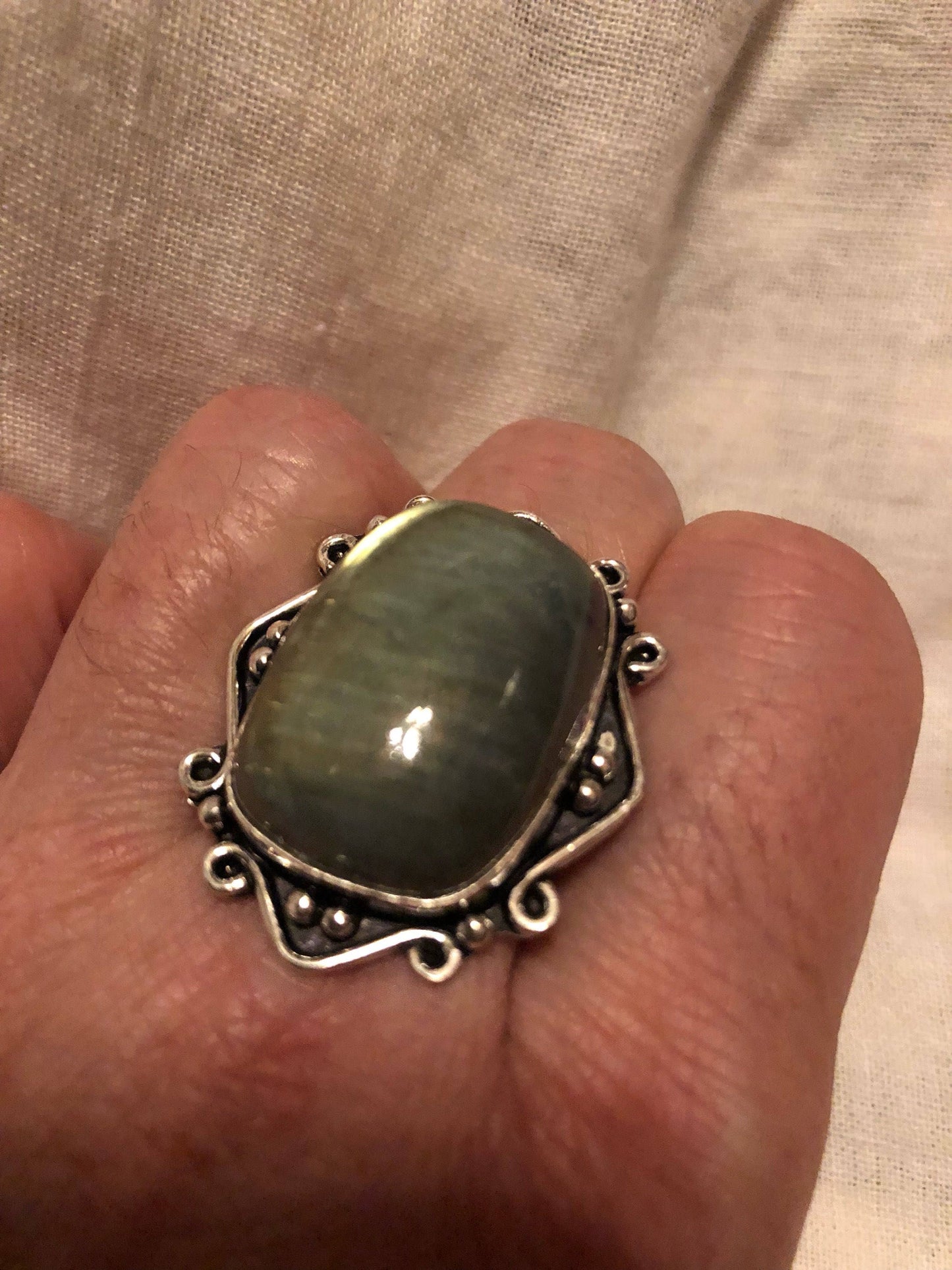 Vintage Large Blue Green Labradorite Stone Silver Ring