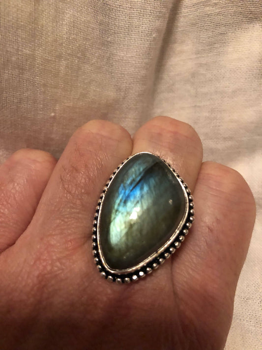 Vintage Large Blue Green Labradorite Stone Silver Ring