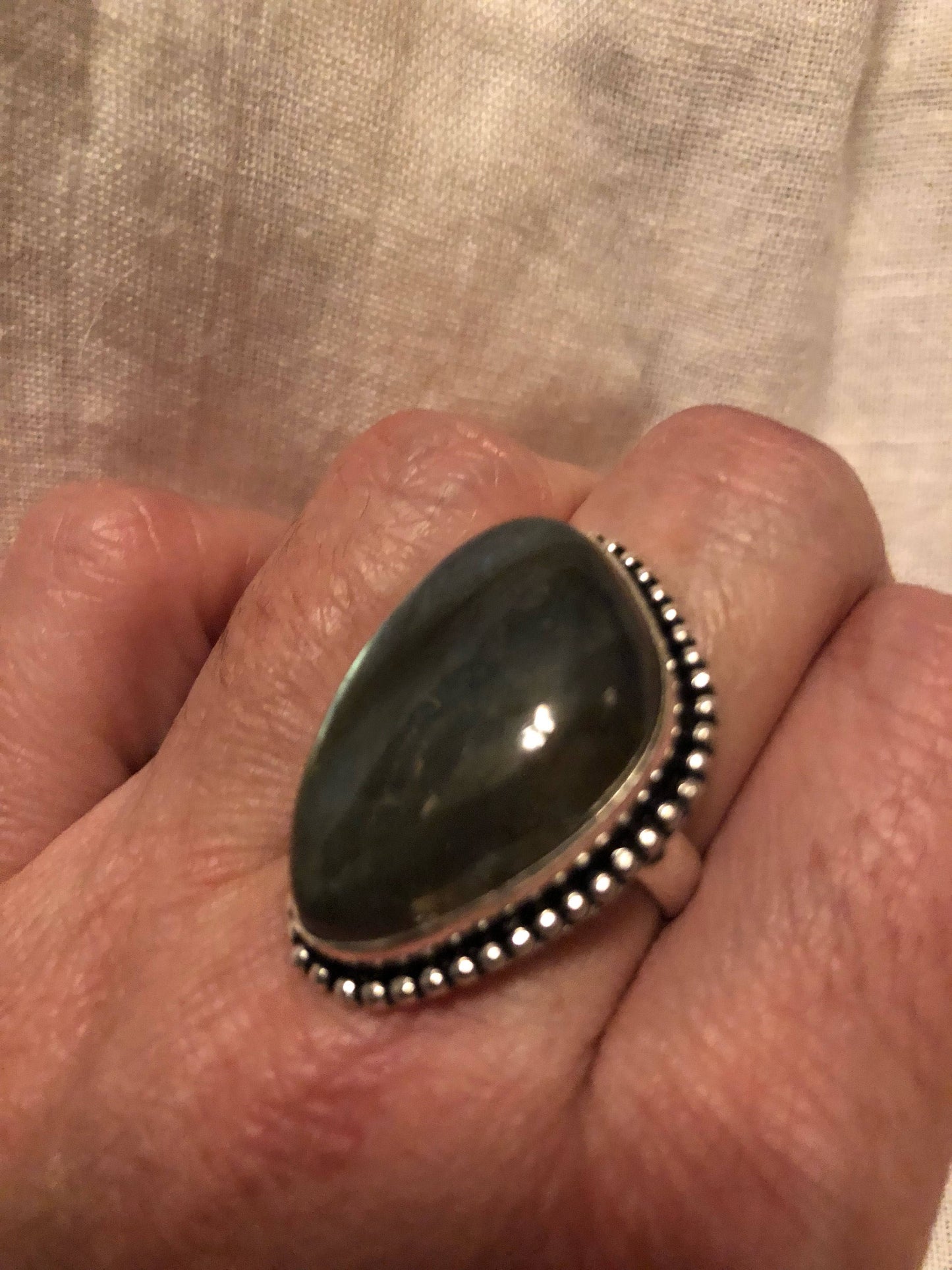 Vintage Large Blue Green Labradorite Stone Silver Ring