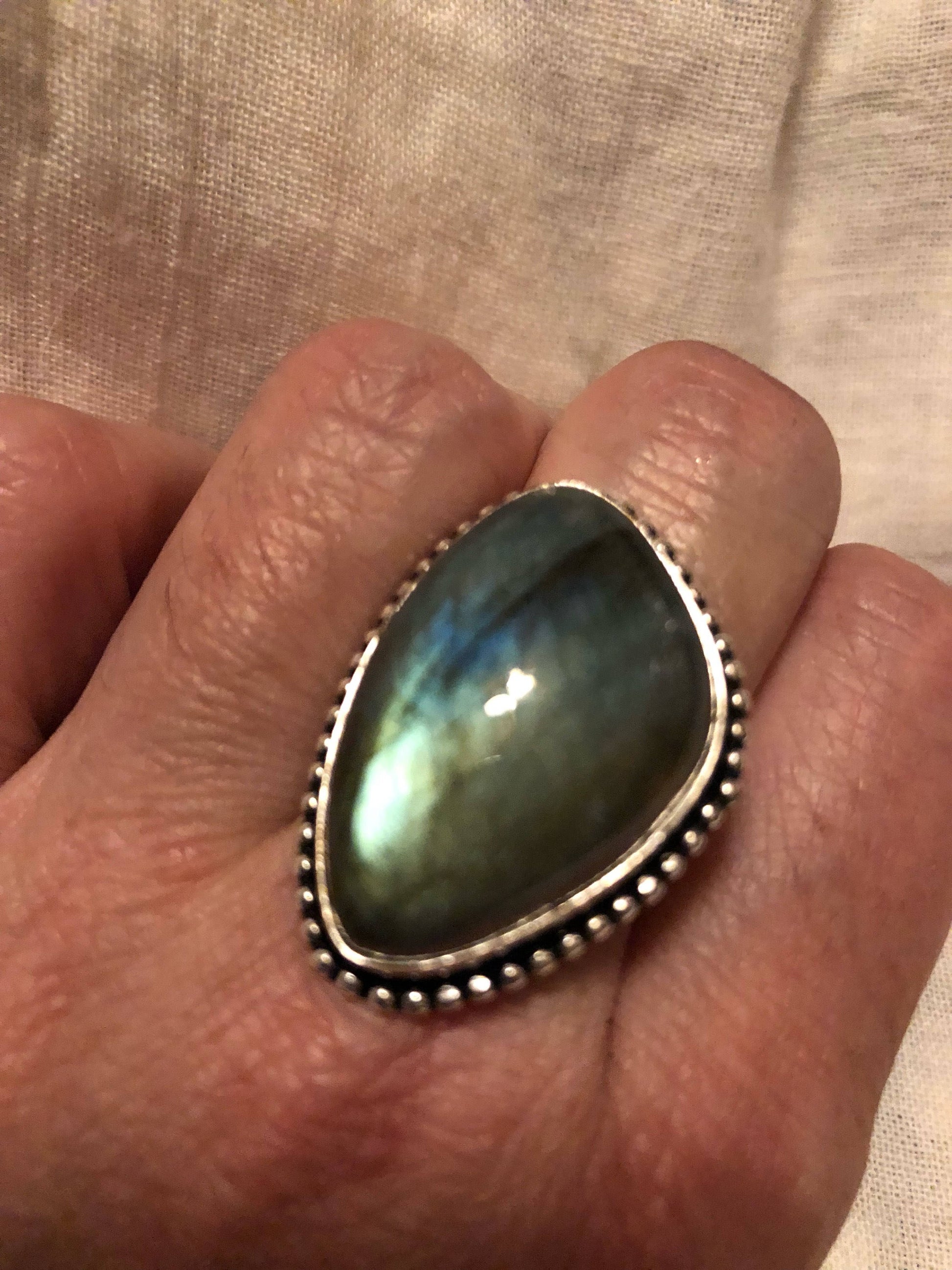 Vintage Large Blue Green Labradorite Stone Silver Ring