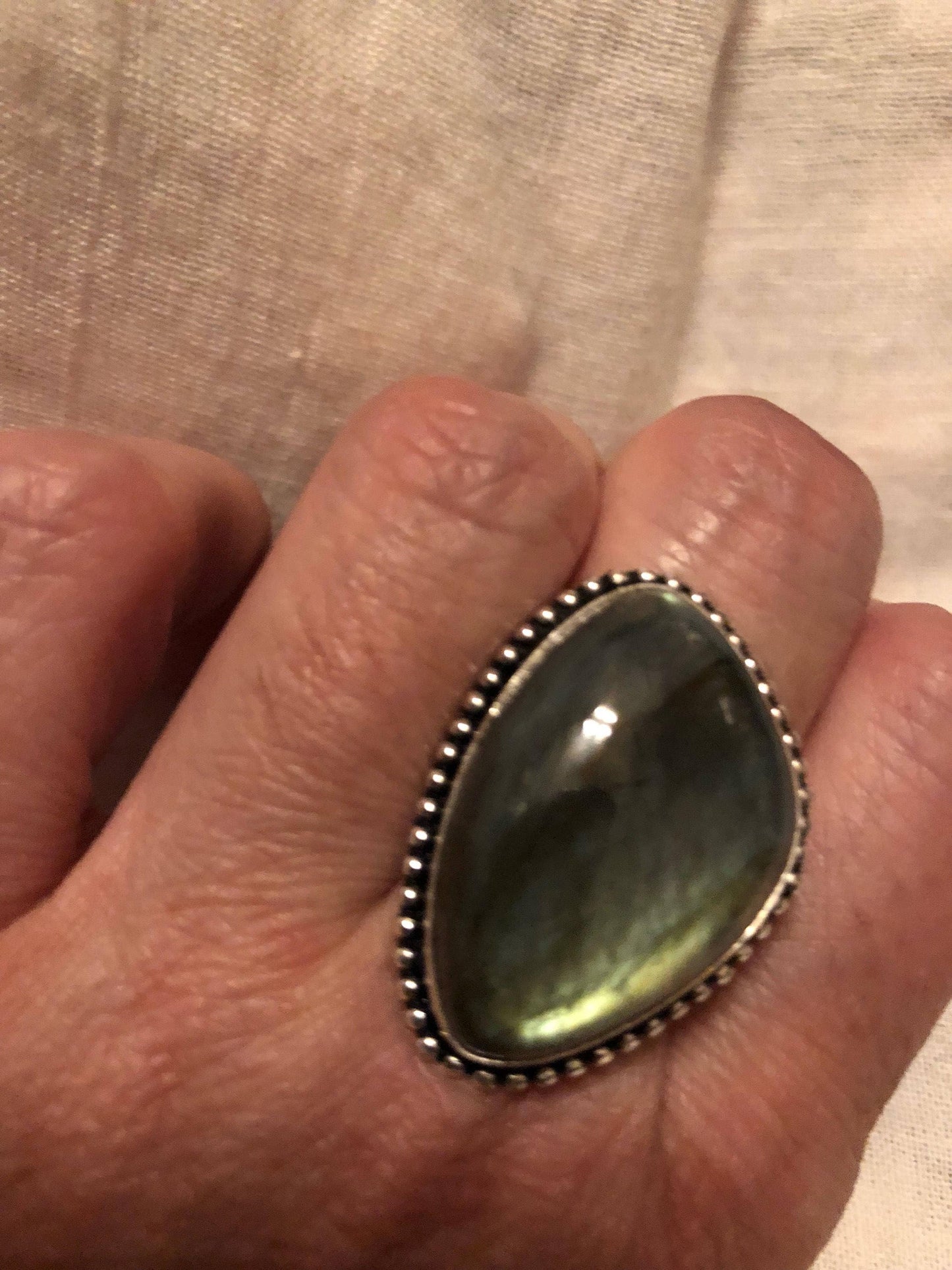 Vintage Large Blue Green Labradorite Stone Silver Ring