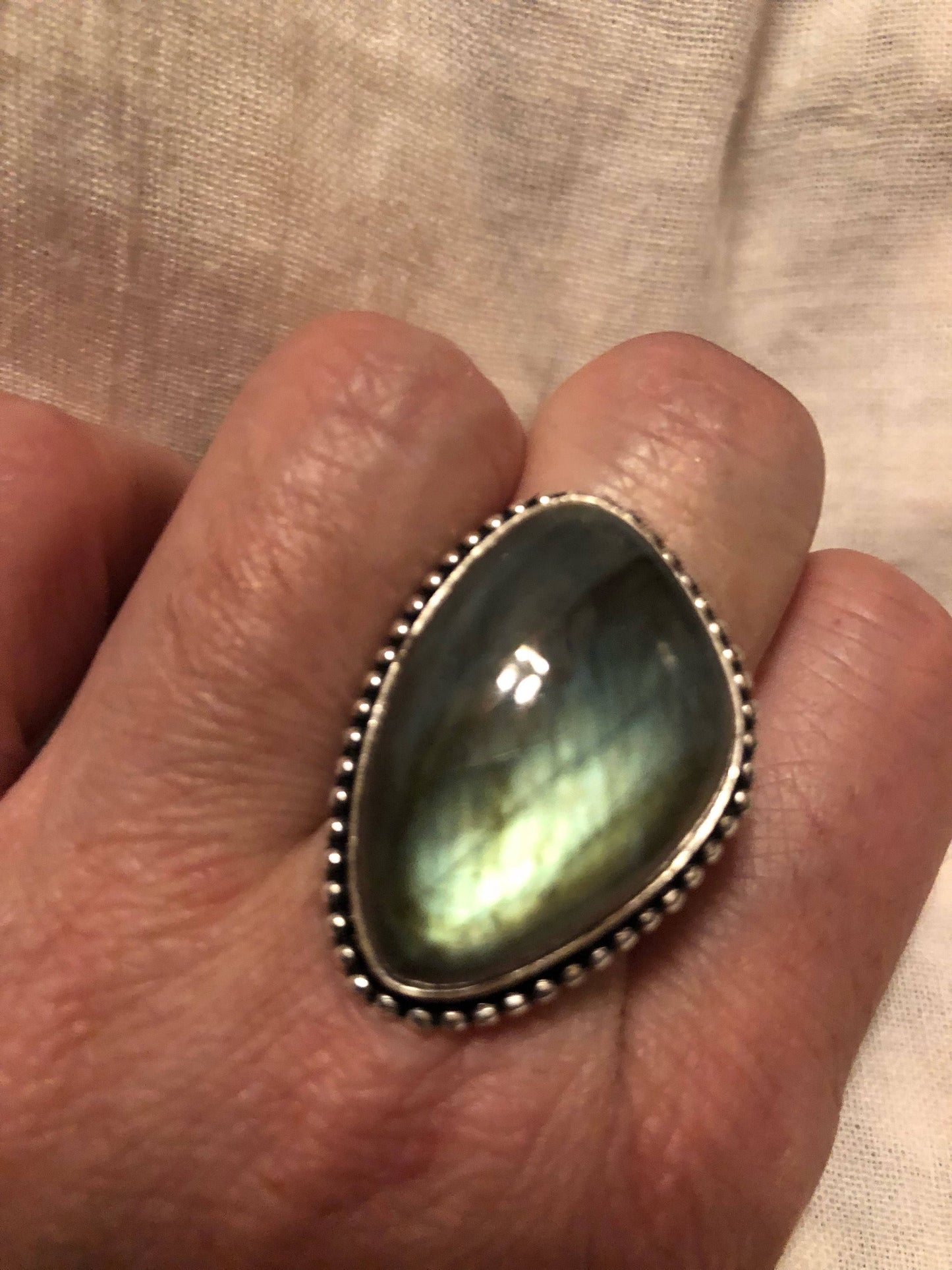 Vintage Large Blue Green Labradorite Stone Silver Ring