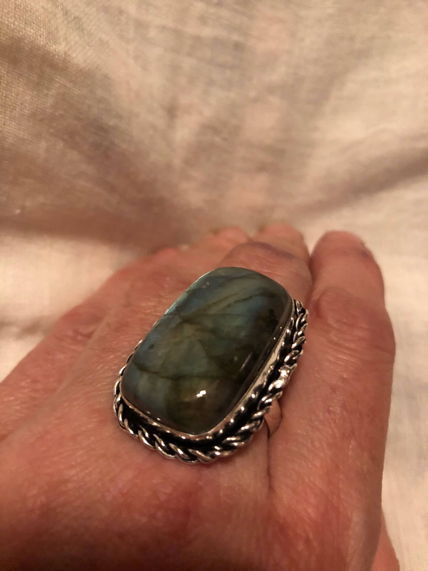 Vintage Large Blue Green Labradorite Stone Silver Ring