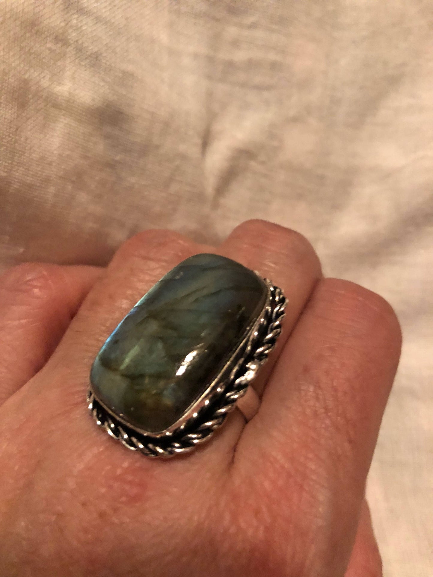 Vintage Large Blue Green Labradorite Stone Silver Ring