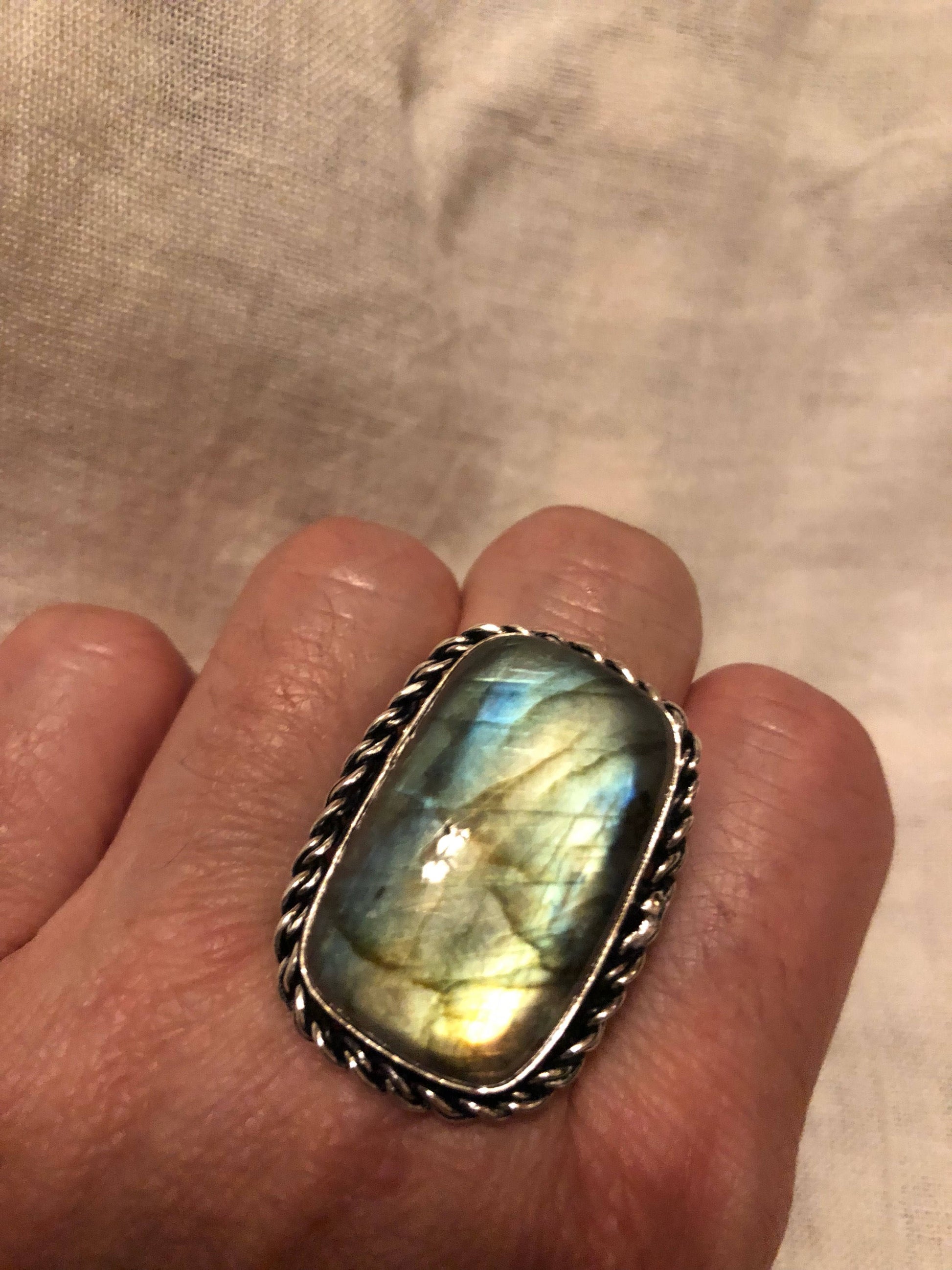 Vintage Large Blue Green Labradorite Stone Silver Ring