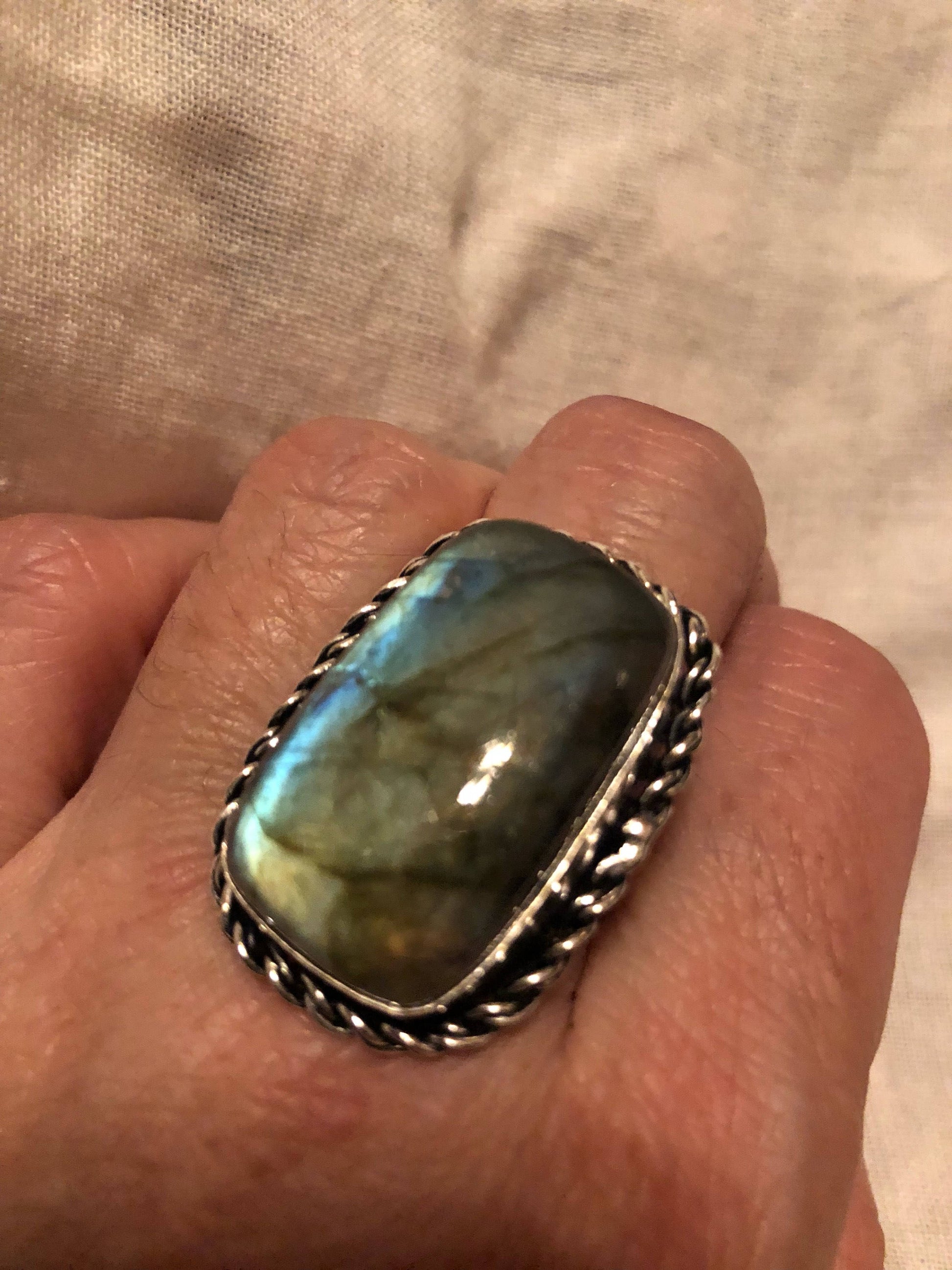 Vintage Large Blue Green Labradorite Stone Silver Ring