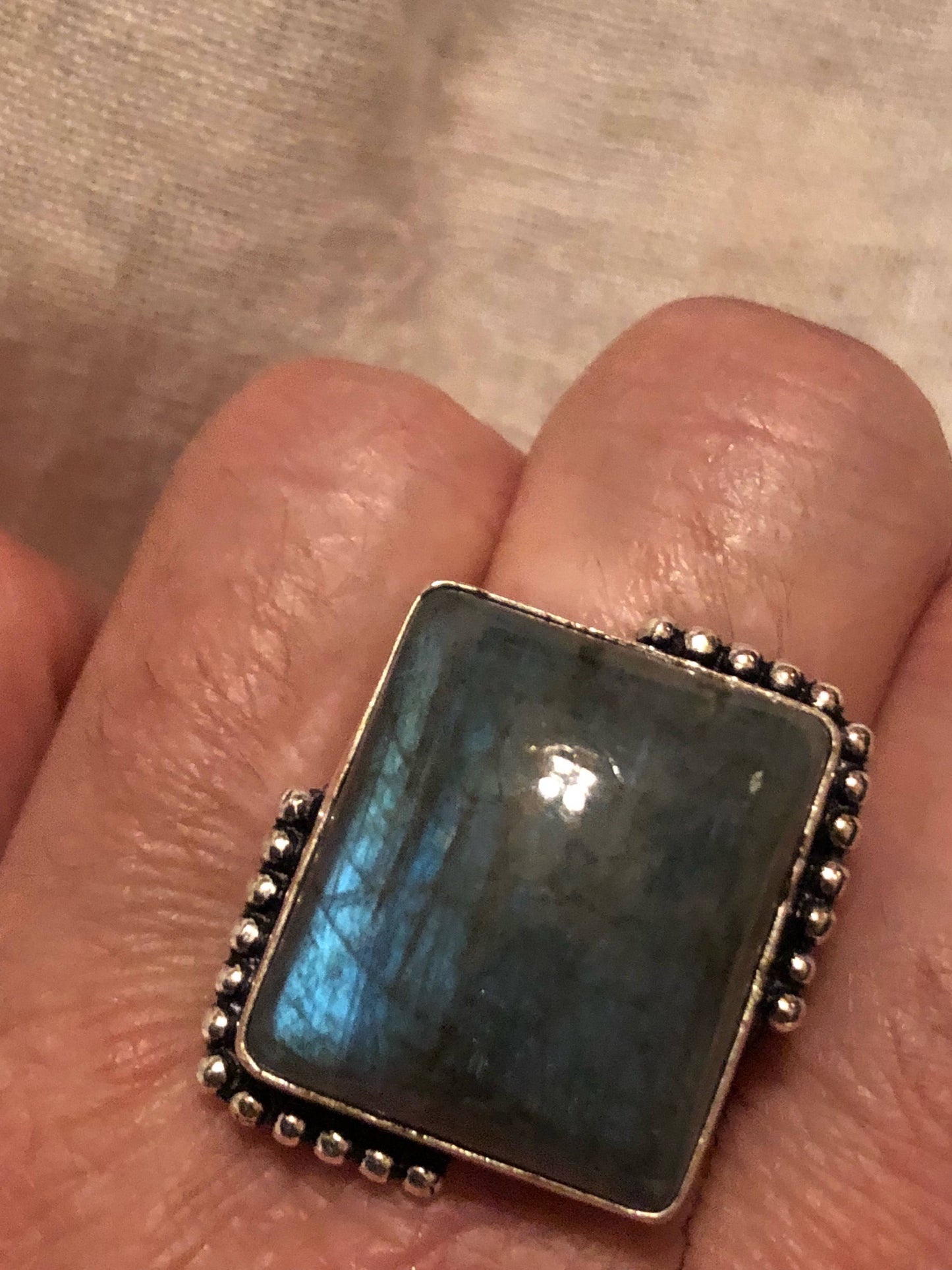 Vintage Large Blue Green Labradorite Stone Silver Ring