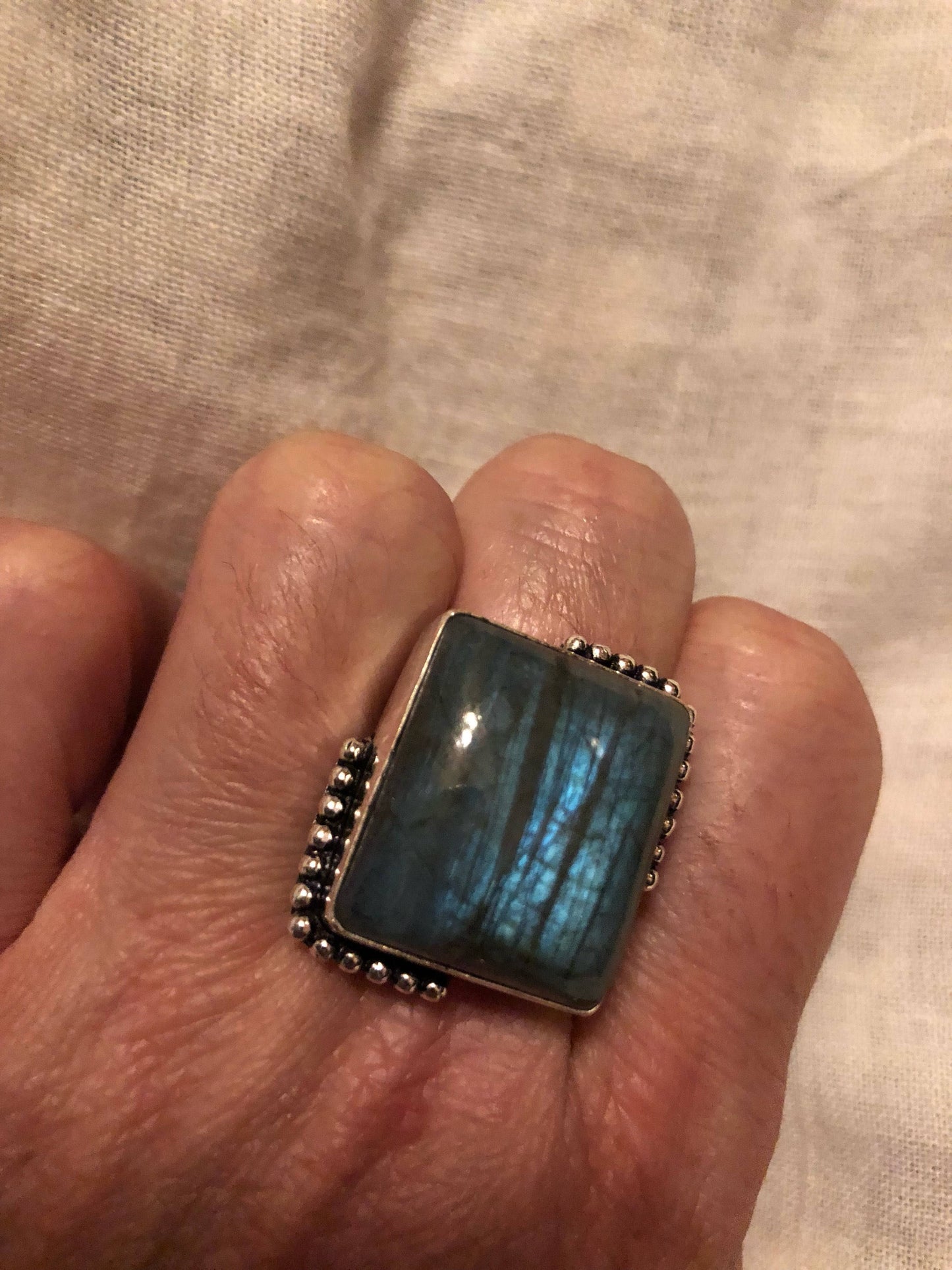 Vintage Large Blue Green Labradorite Stone Silver Ring