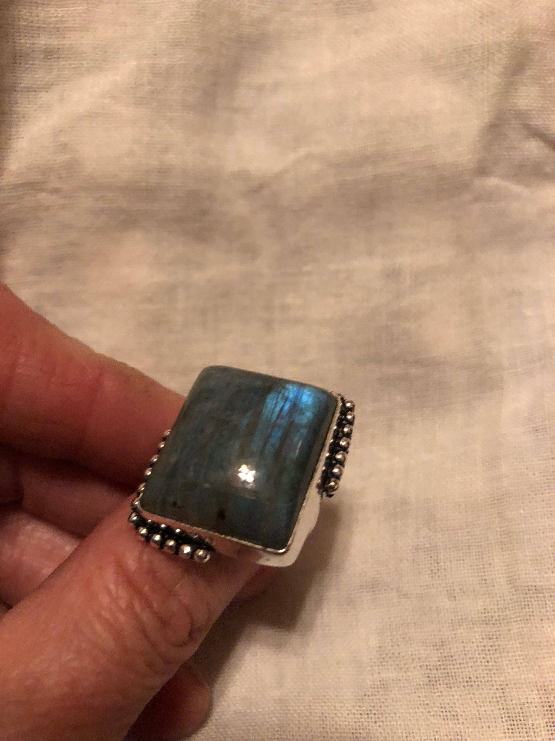 Vintage Large Blue Green Labradorite Stone Silver Ring