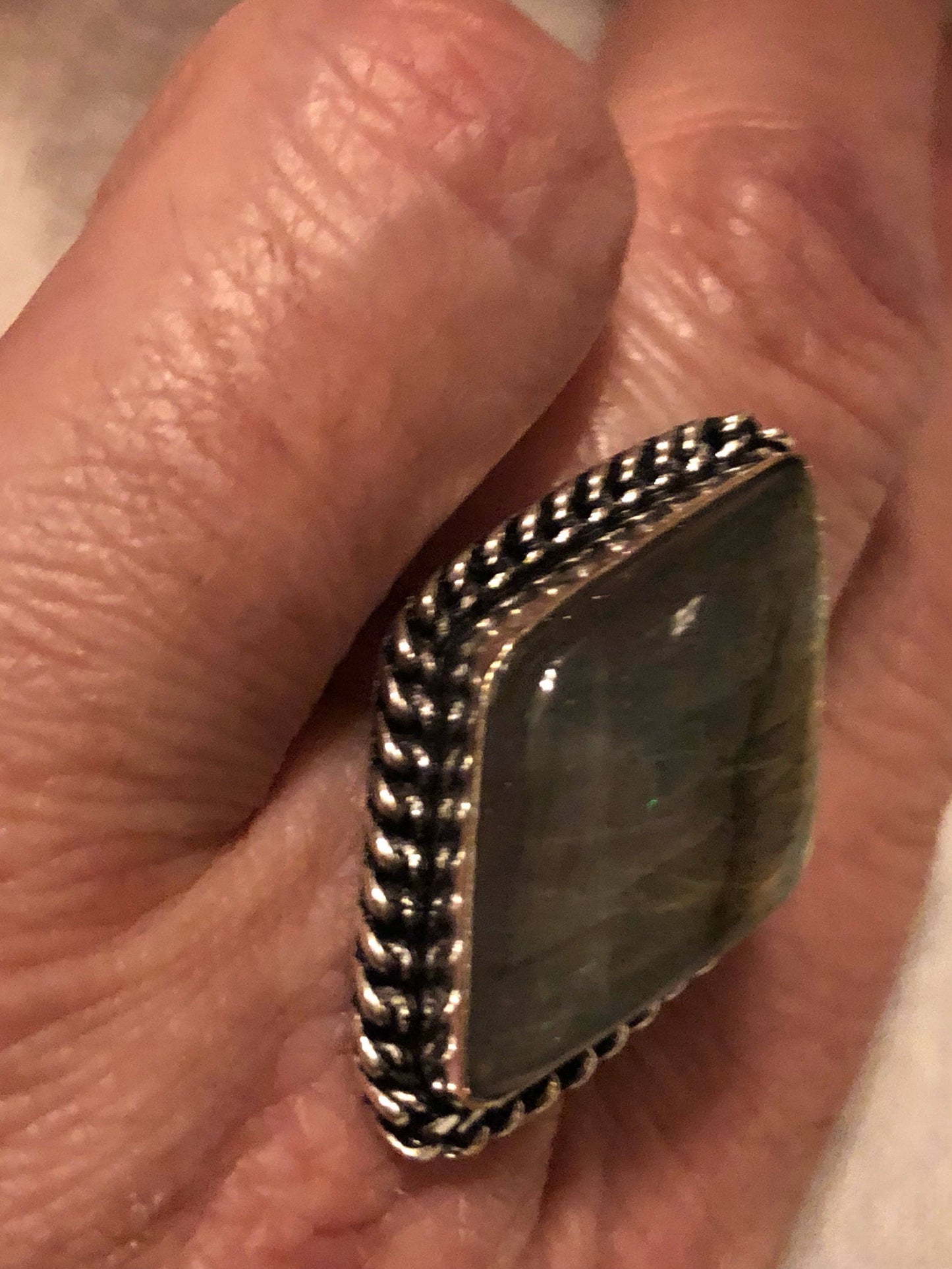 Vintage Large Blue Green Labradorite Stone Silver Ring