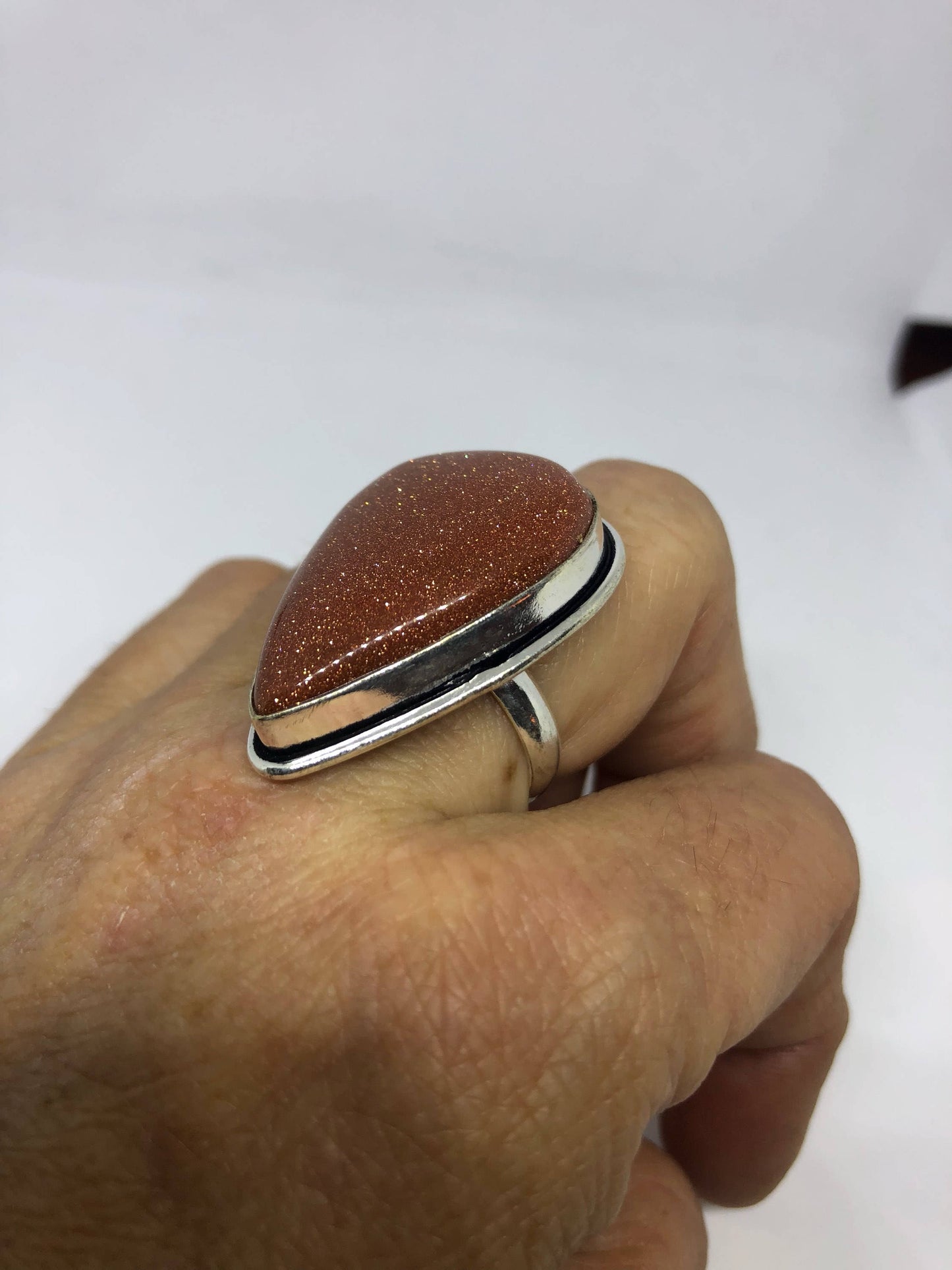 Vintage Handmade Deep Gold Sandstone Setting Silver Ring