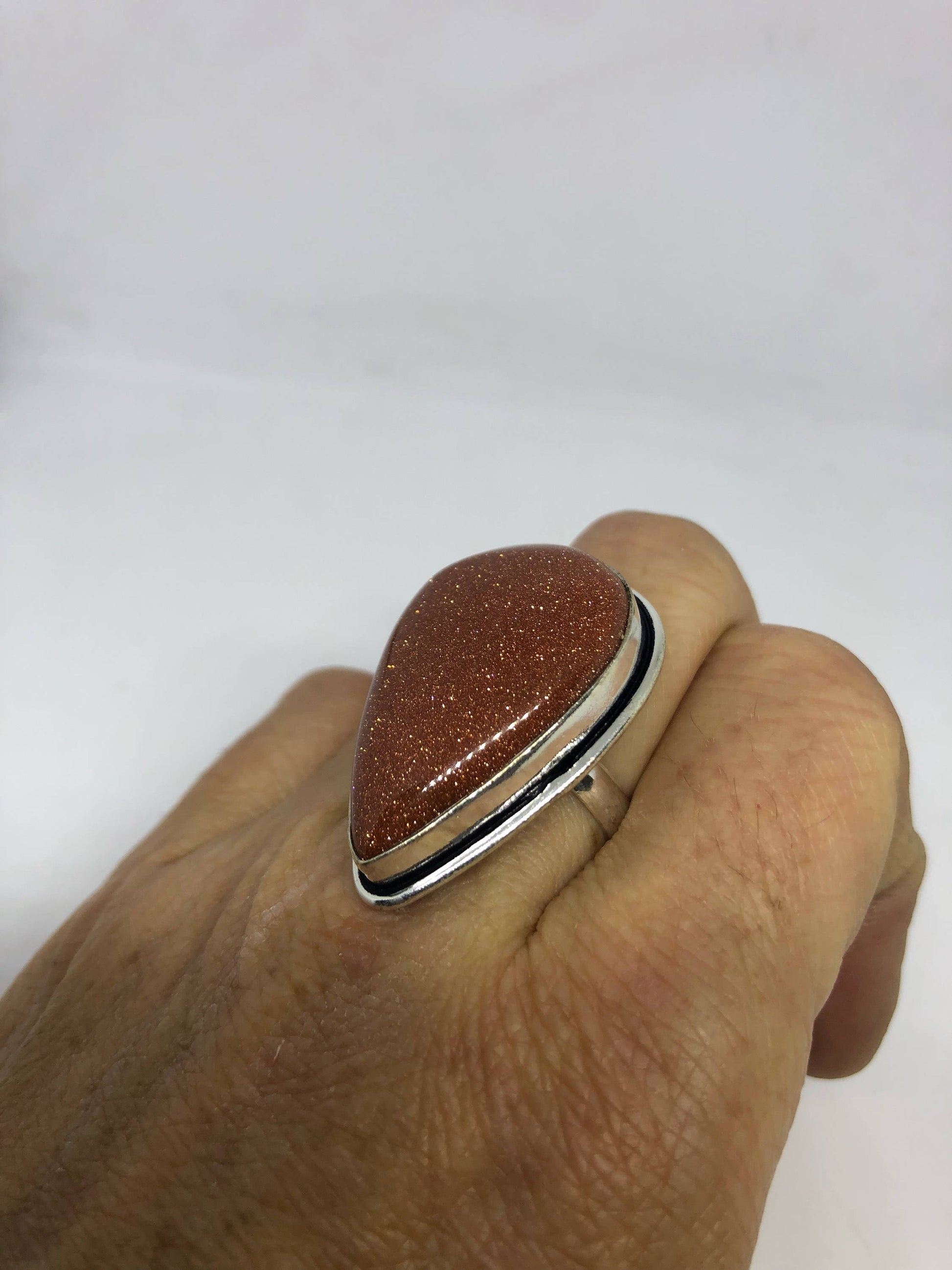 Vintage Handmade Deep Gold Sandstone Setting Silver Ring