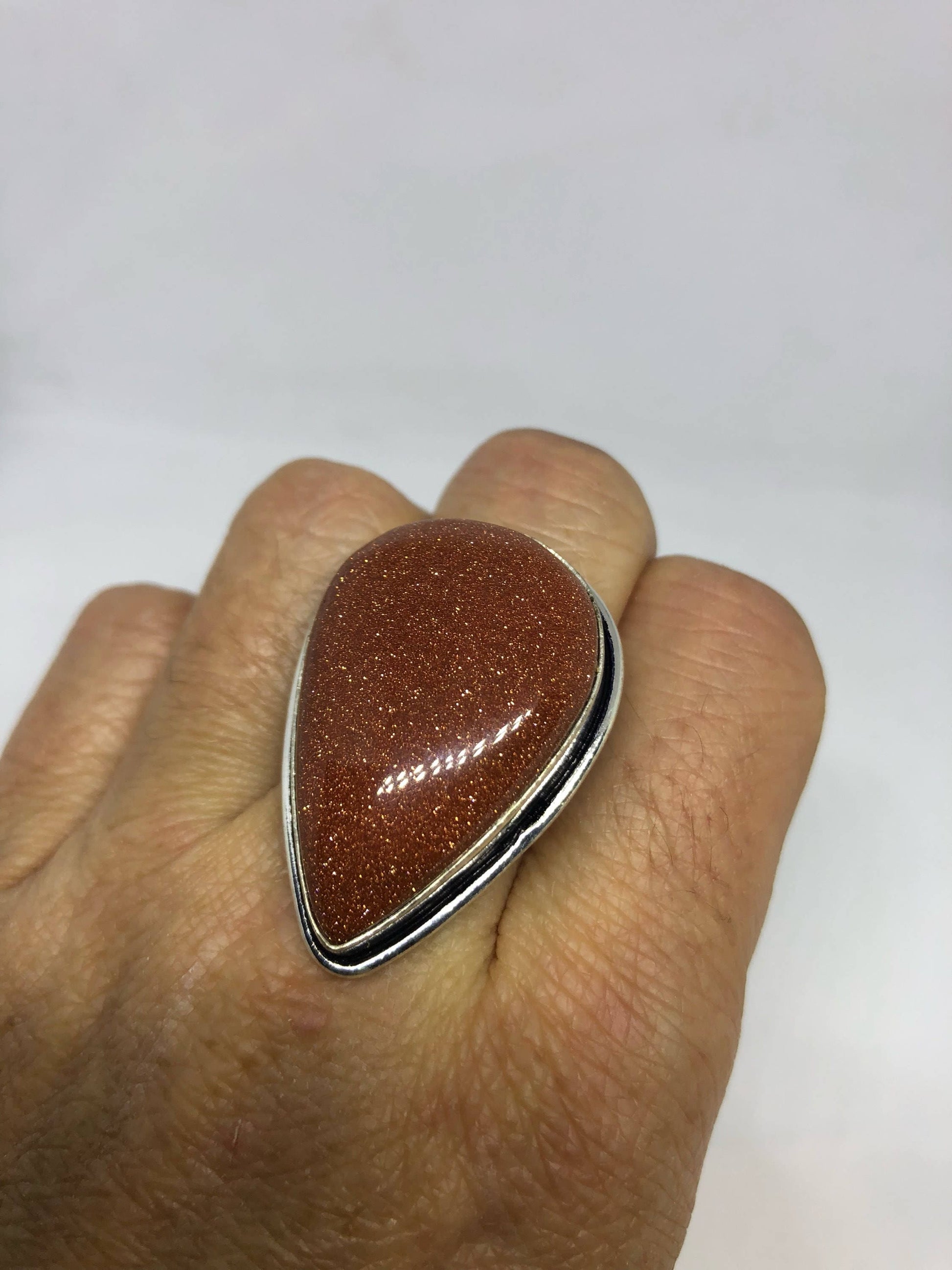 Vintage Handmade Deep Gold Sandstone Setting Silver Ring