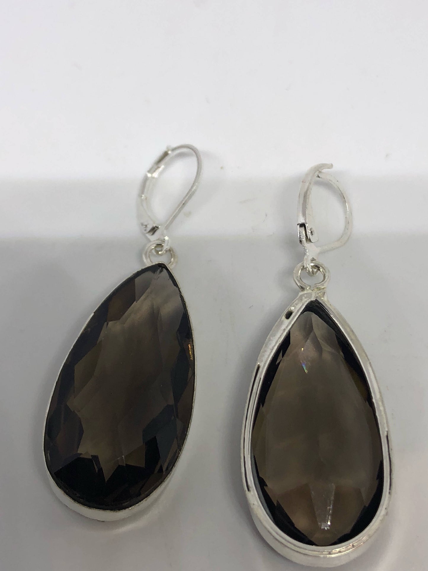 Antique Vintage Smoky Volcanic Glass Silver Dangle Earrings