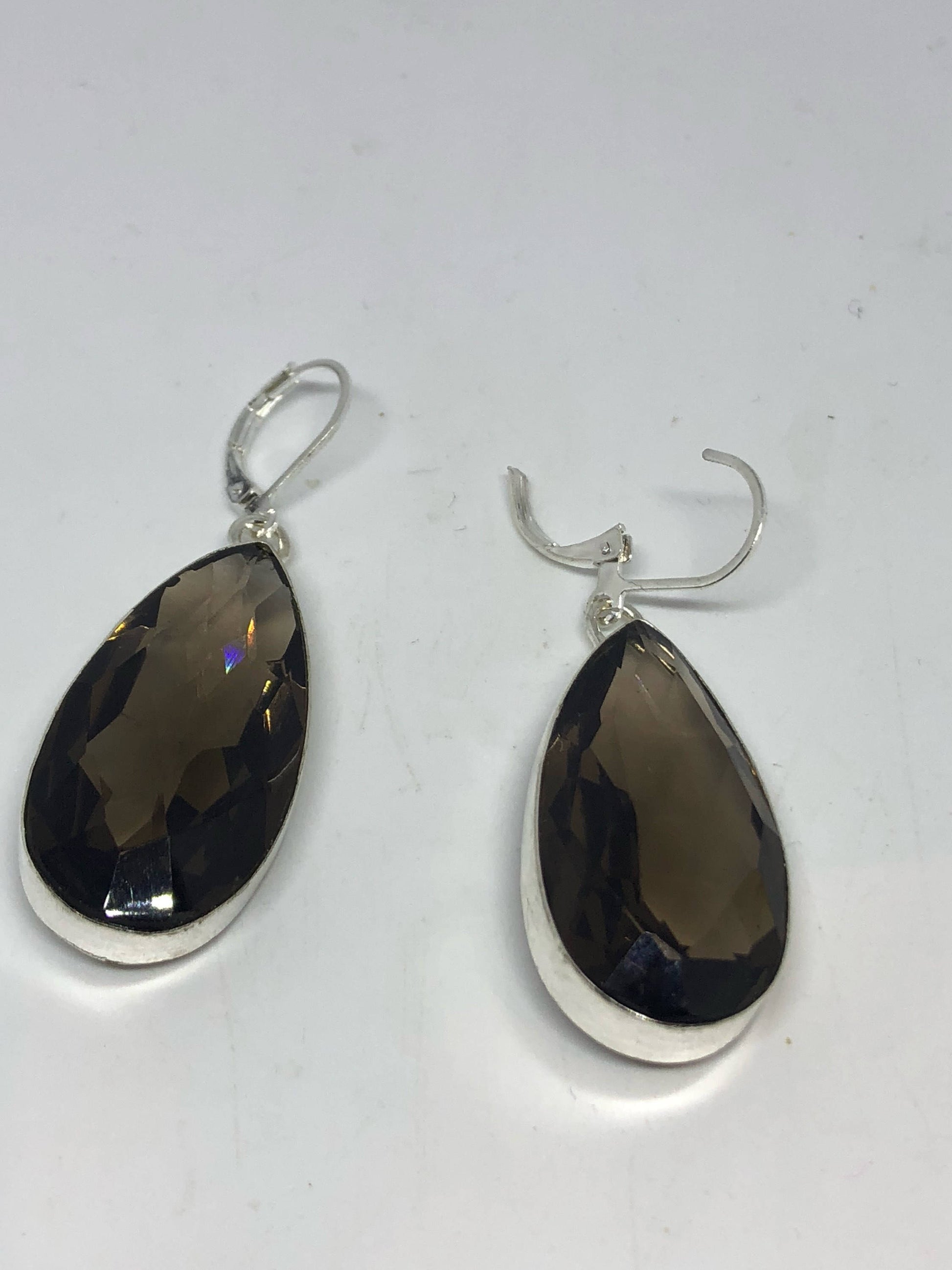 Antique Vintage Smoky Volcanic Glass Silver Dangle Earrings