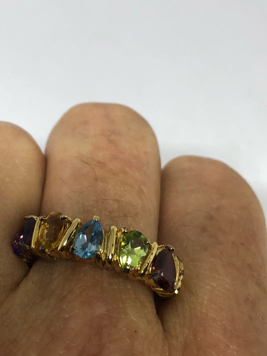 Vintage mixed genuine gemstones golden 925 Sterling Silver band Ring