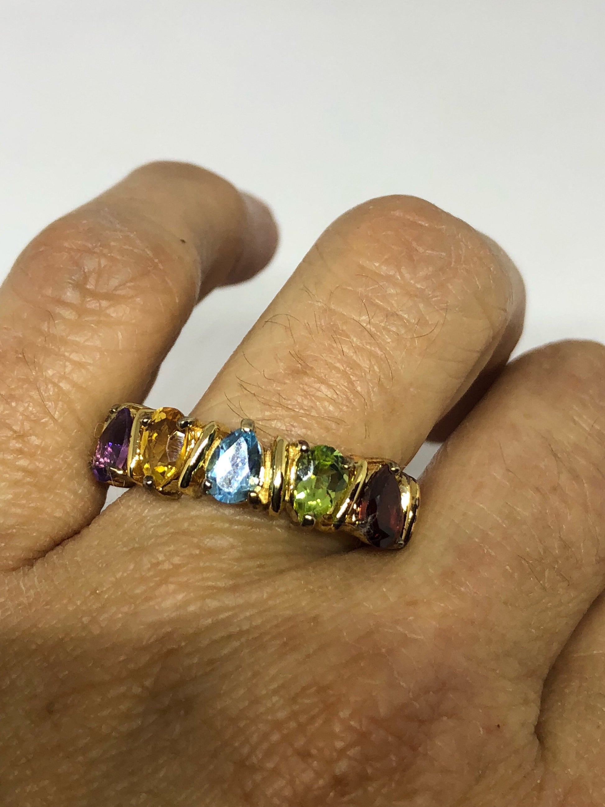 Vintage mixed genuine gemstones golden 925 Sterling Silver band Ring