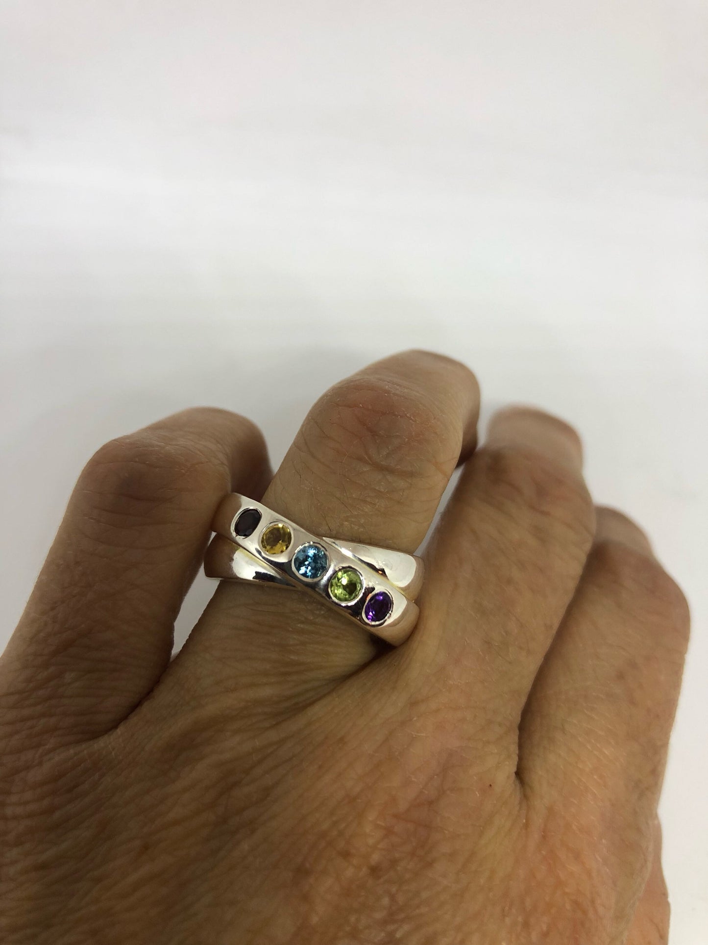 Vintage Mixed Genuine Gemstones 925 Sterling Silver Band Ring